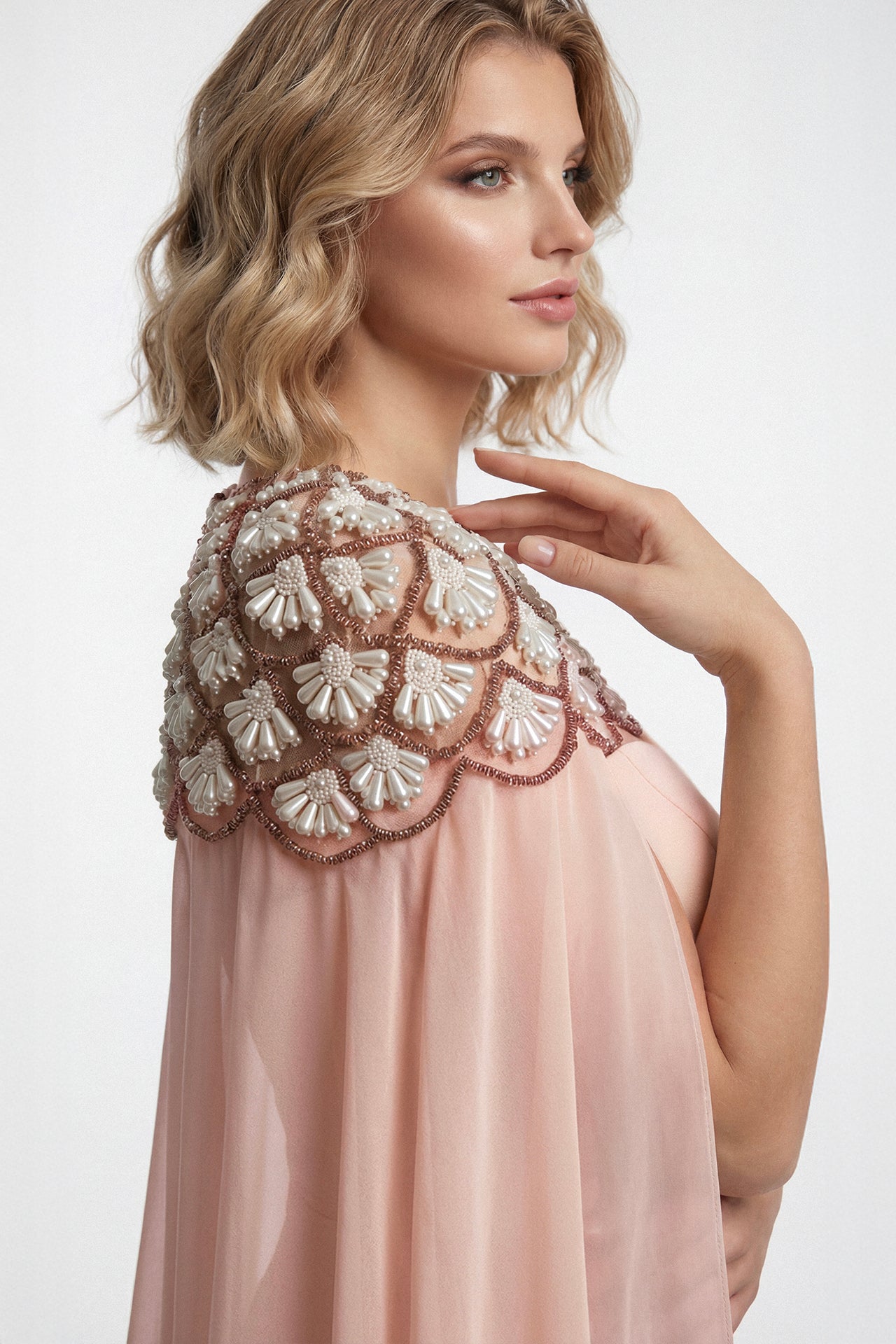 Embellished Cape-Sleeve Gown