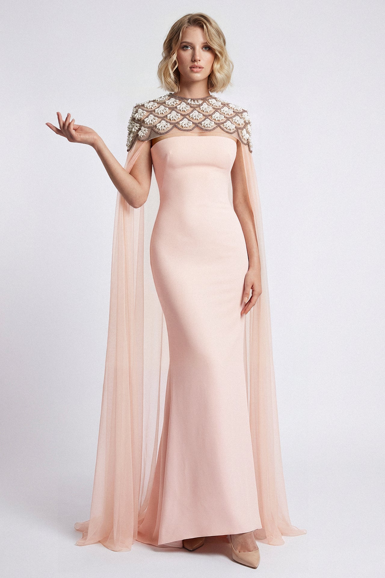 Embellished Cape-Sleeve Gown