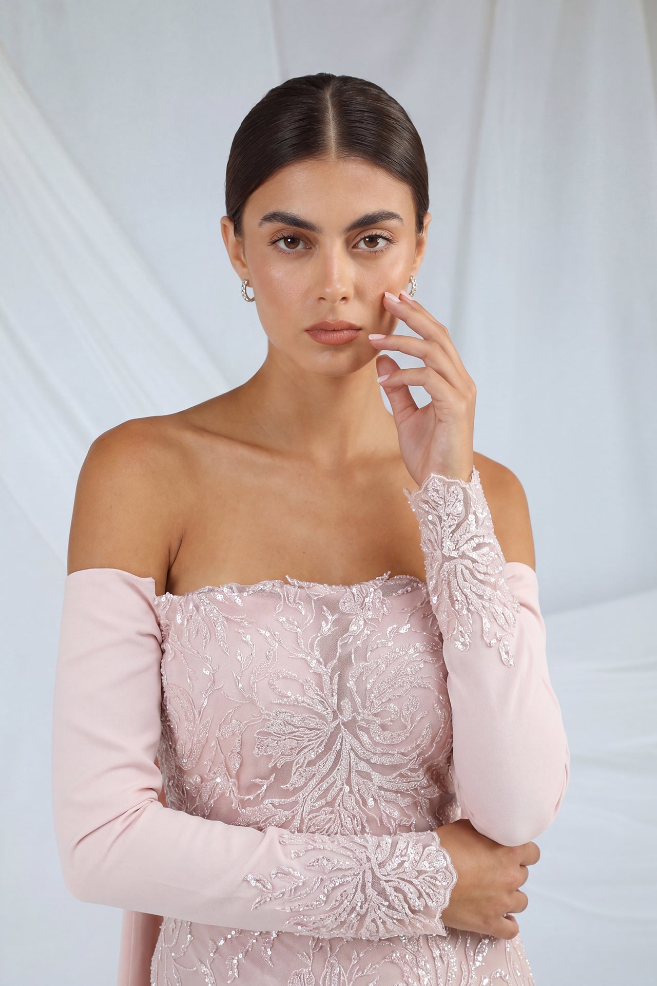 Off-Shoulder Embroidered Dress with Cape