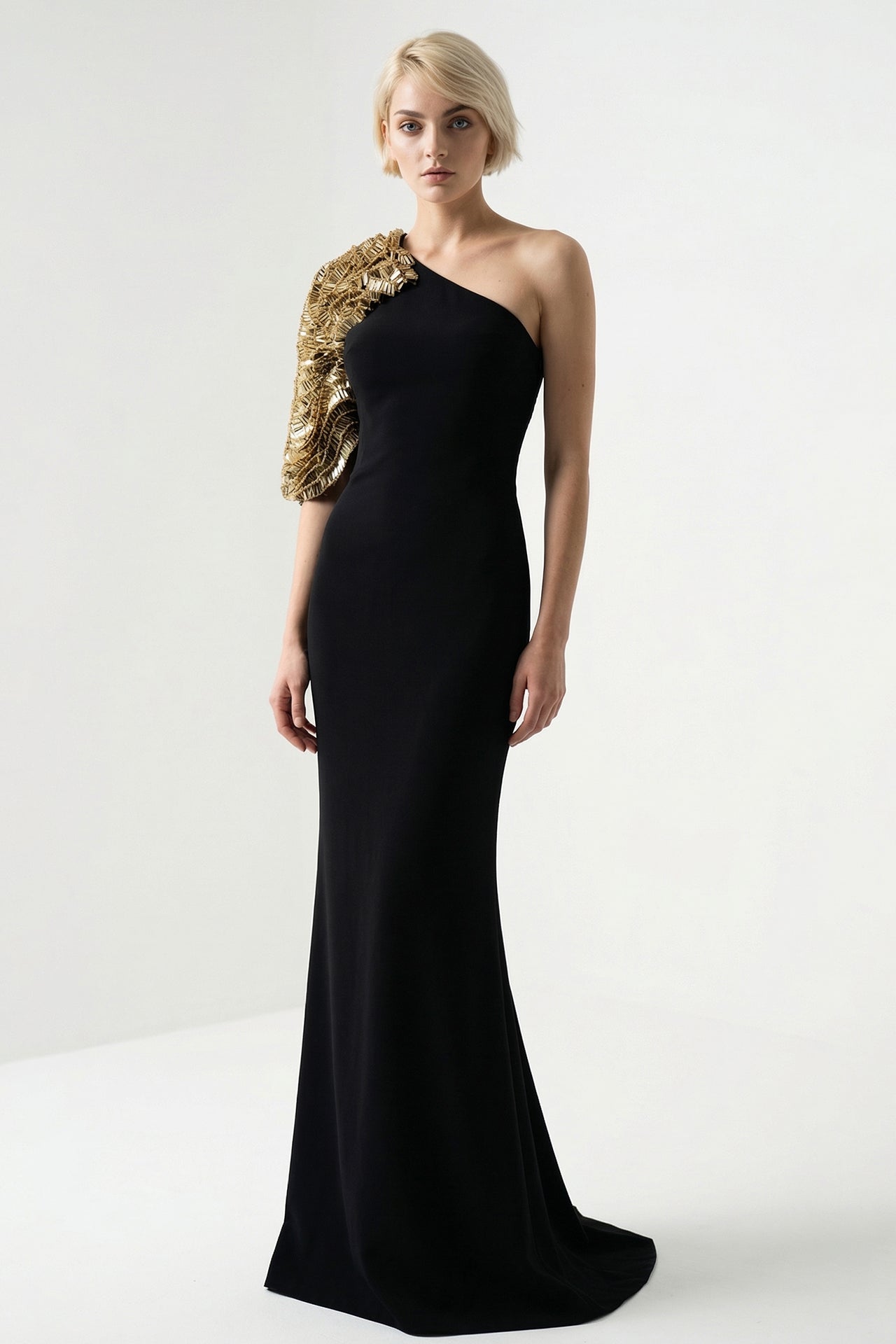 One-Shoulder Embroidered Cape Gown