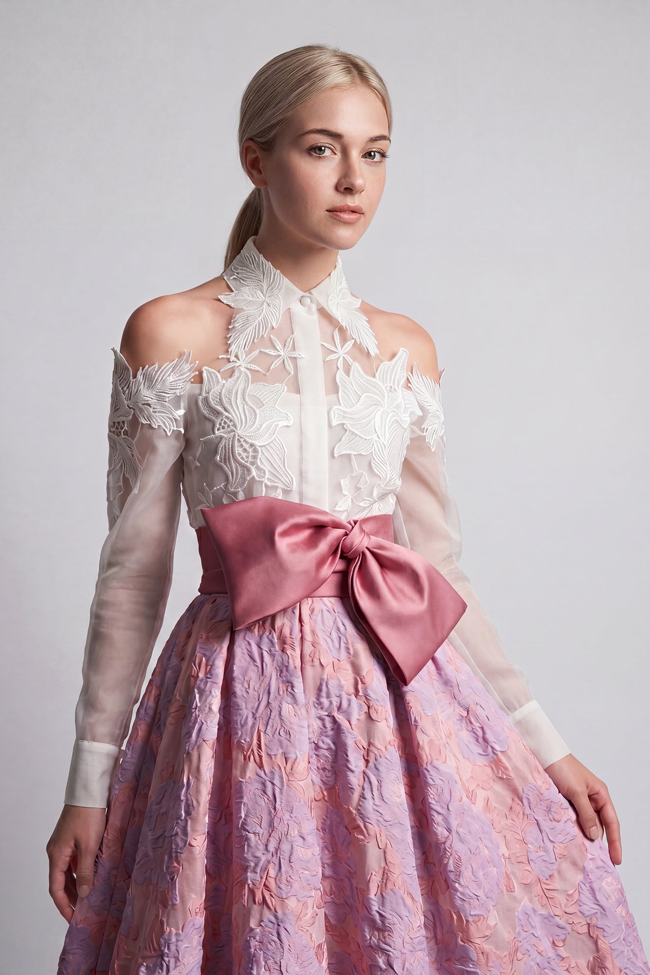 Lace-Embroidered Organza blouse with Jacquard High-Low Skirt