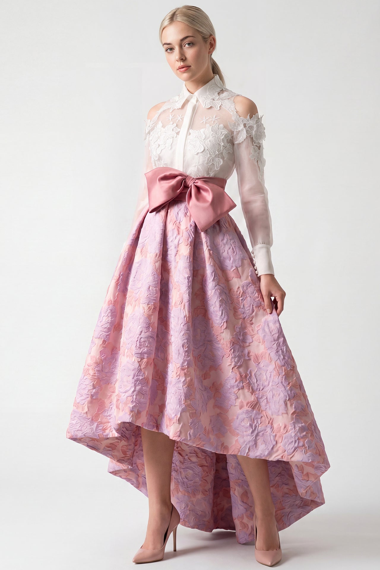 Lace-Embroidered Organza blouse with Jacquard High-Low Skirt
