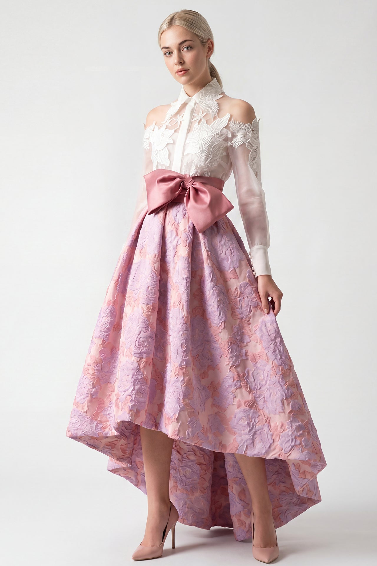 Lace-Embroidered Organza blouse with Jacquard High-Low Skirt