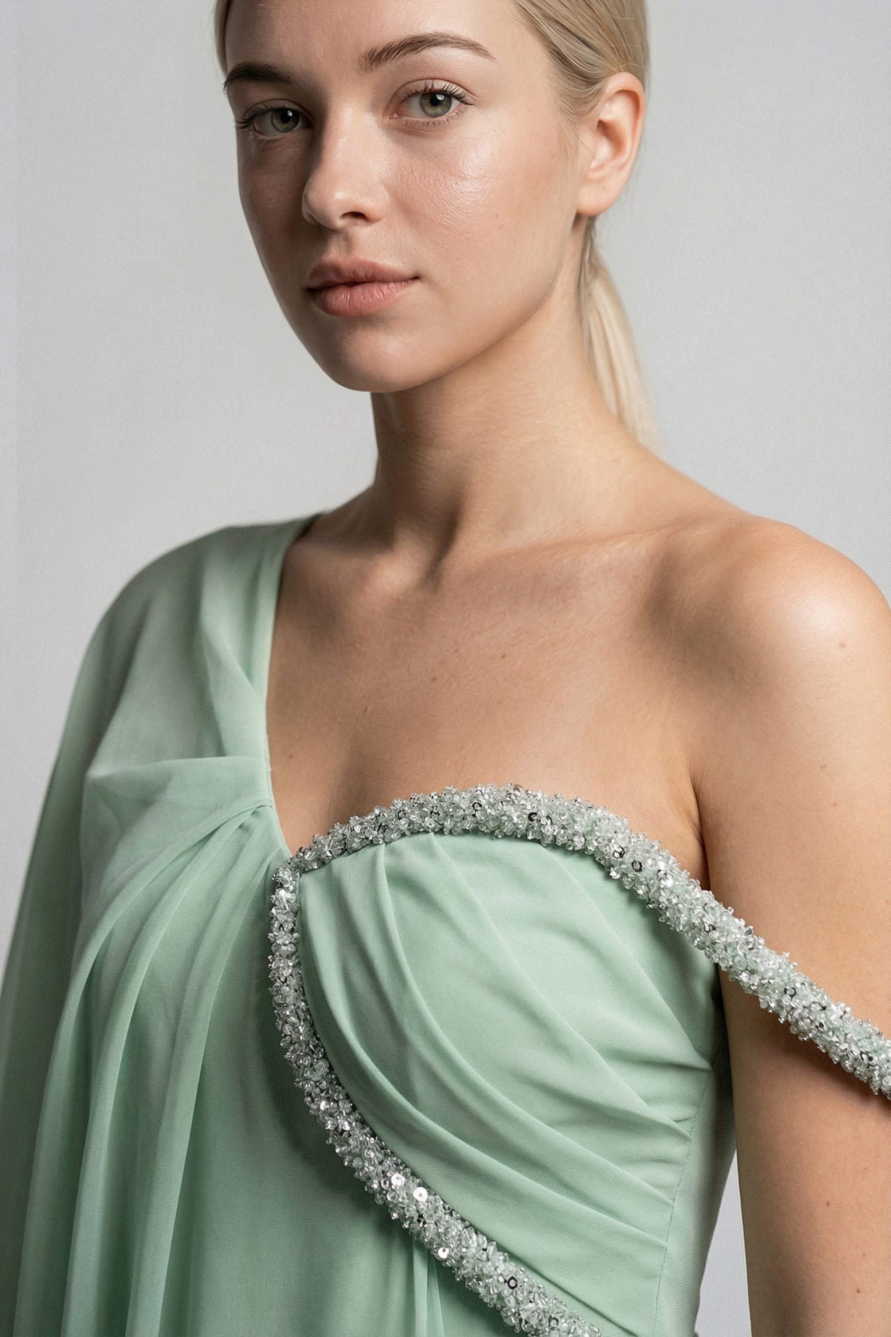 Crepe Gown with Draped Chiffon Overlay