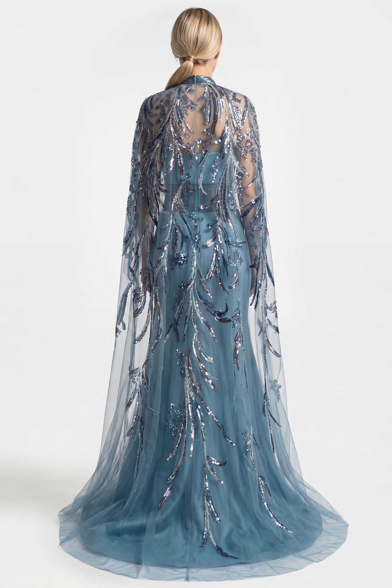 Embroidered Cape Gown with Illusion Corset