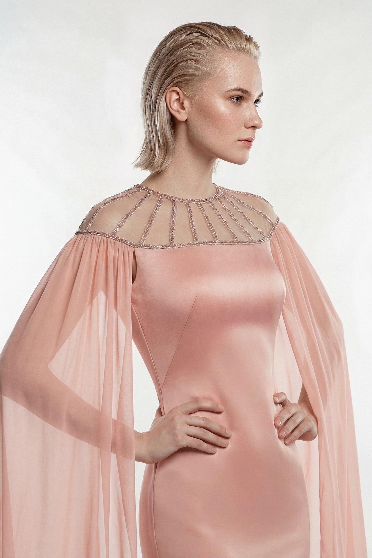Satin Gown with Beaded Illusion Neckline and Chiffon Cape Sleeves