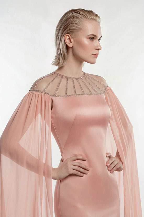 chiffon illusion dress A-line Beaded Lace Chiffon Mother of the Bride Dress with Illusion Neckline and Bell Sleeves S5114M - Mother of the Bride Dresses