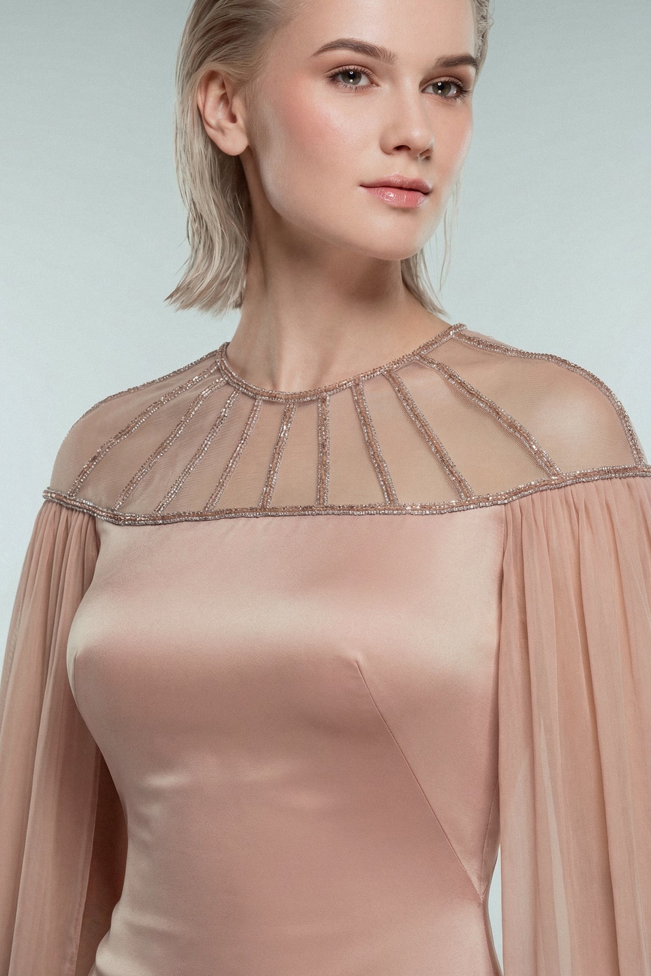 Satin Gown with Beaded Illusion Neckline and Chiffon Cape Sleeves