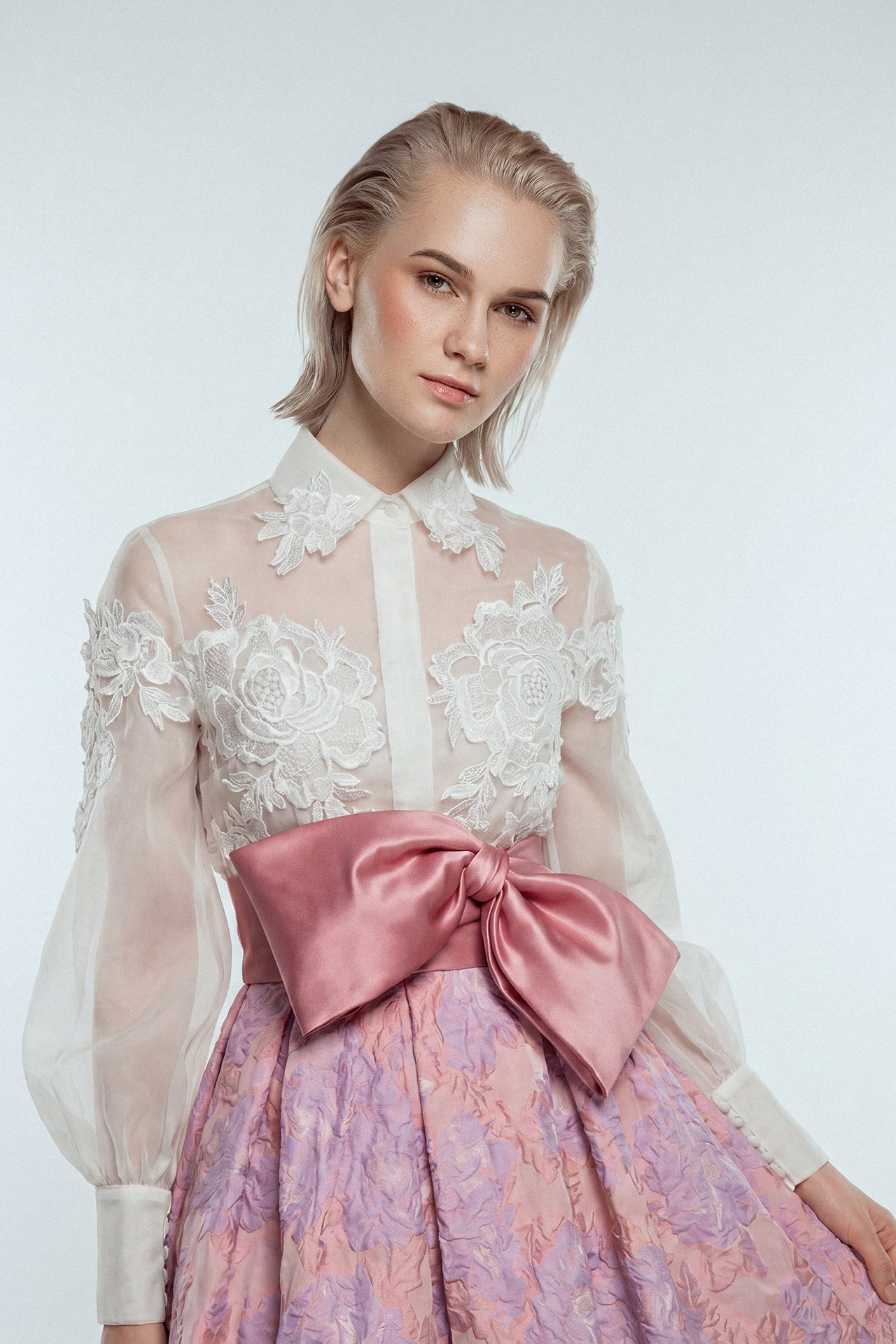Lace Illusion Bodice with Floral Jacquard Skirt