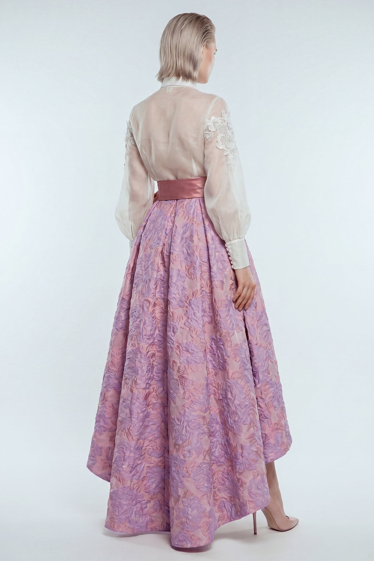 Lace Illusion Bodice with Floral Jacquard Skirt
