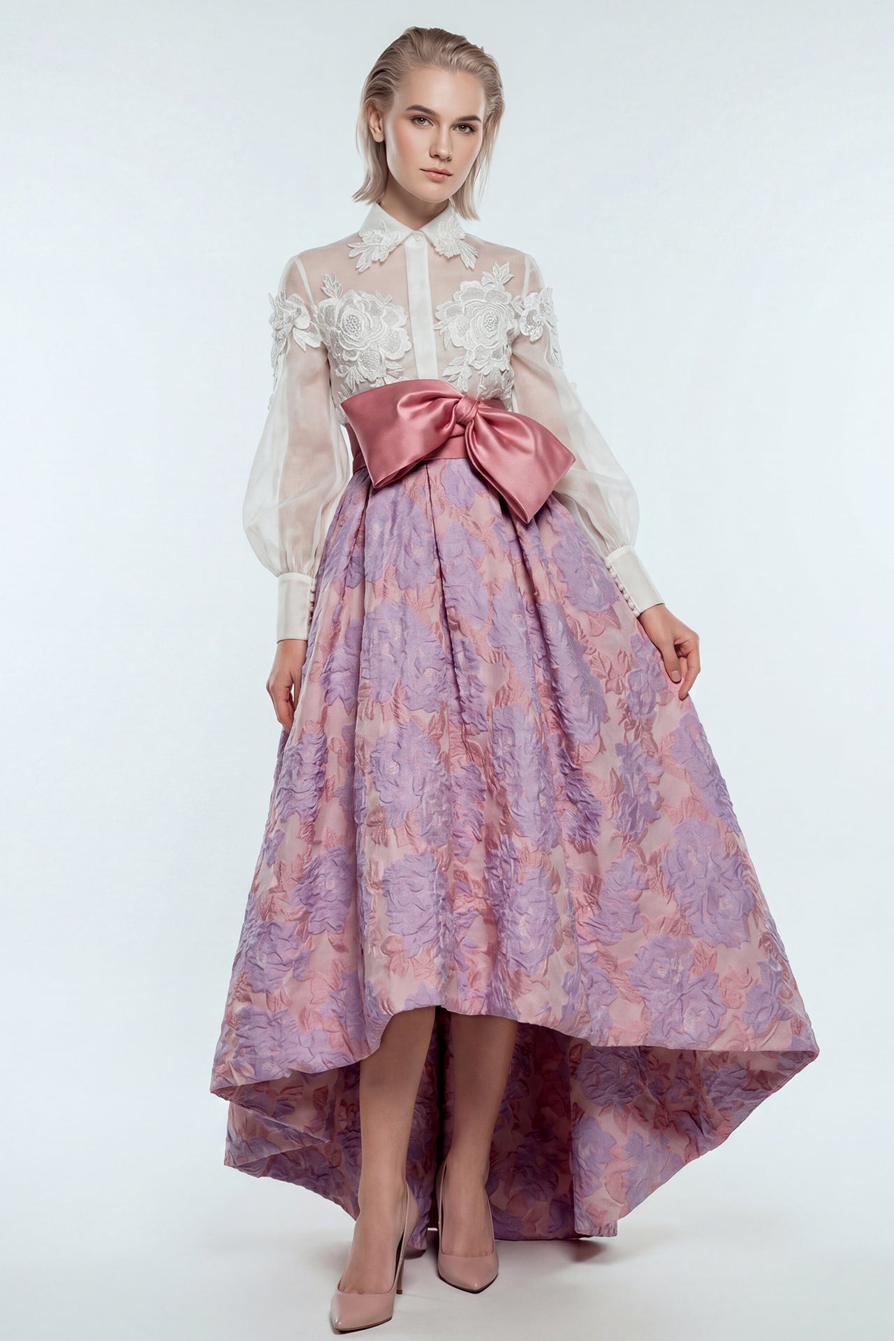Lace Illusion Bodice with Floral Jacquard Skirt