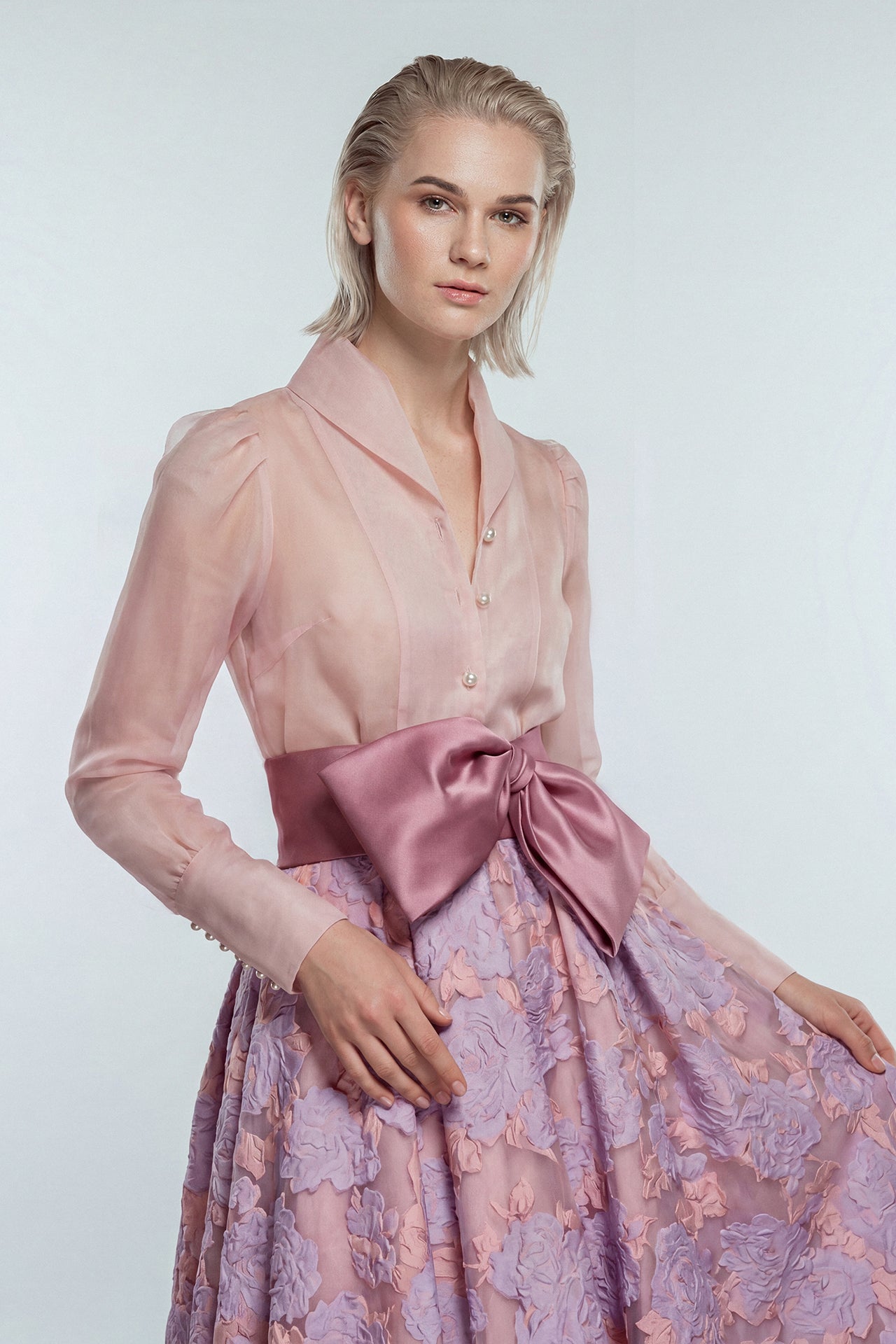 Structured Shirt Bodice with Floral Jacquard Skirt
