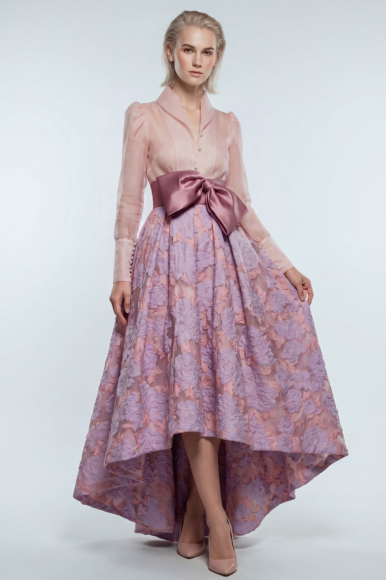 Structured Shirt Bodice with Floral Jacquard Skirt