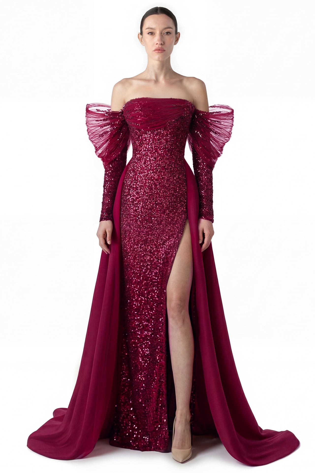 Off-Shoulder Split Dress with Draped Cape Detail