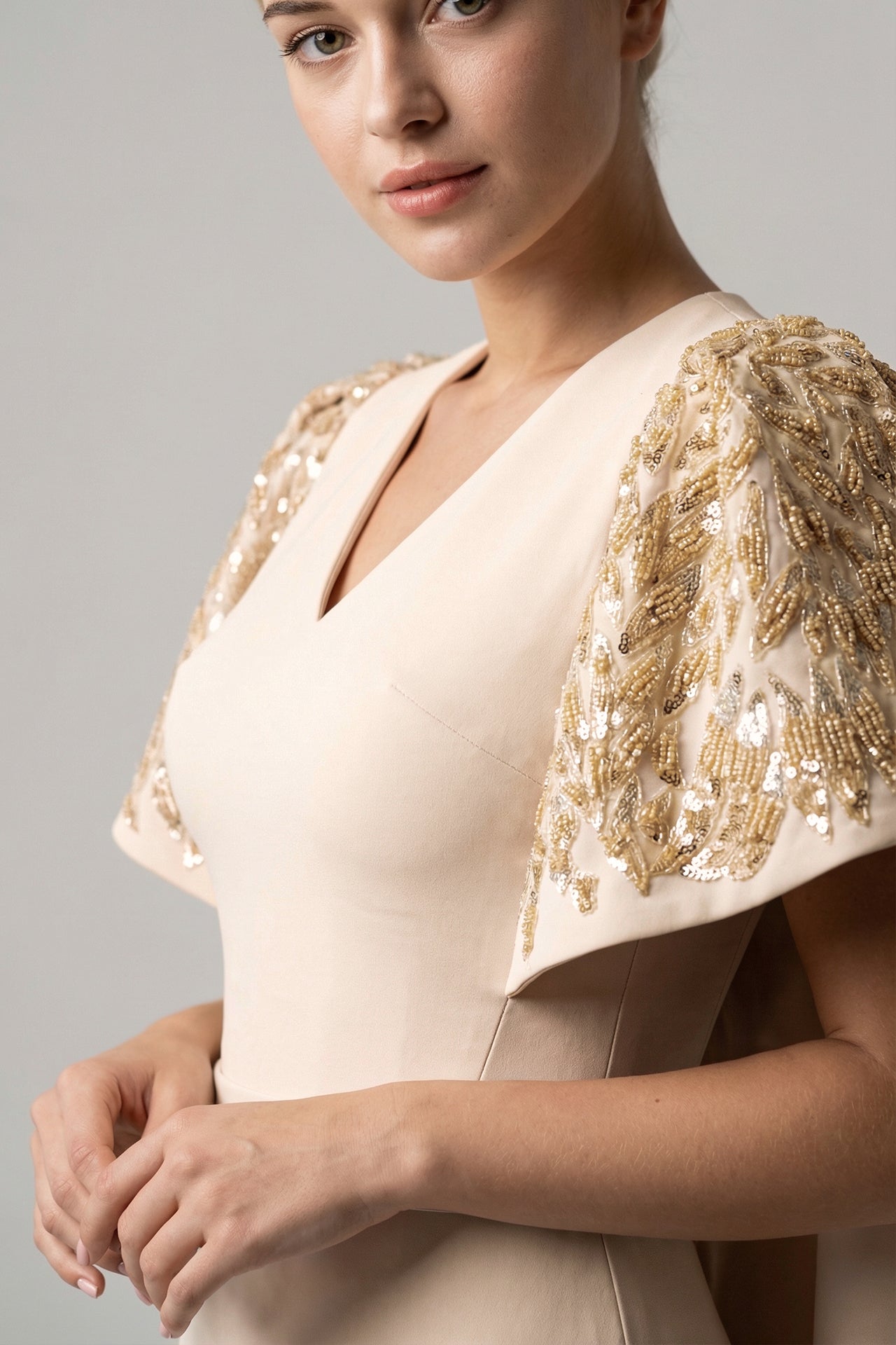 Cape Sleeve Crepe Gown
