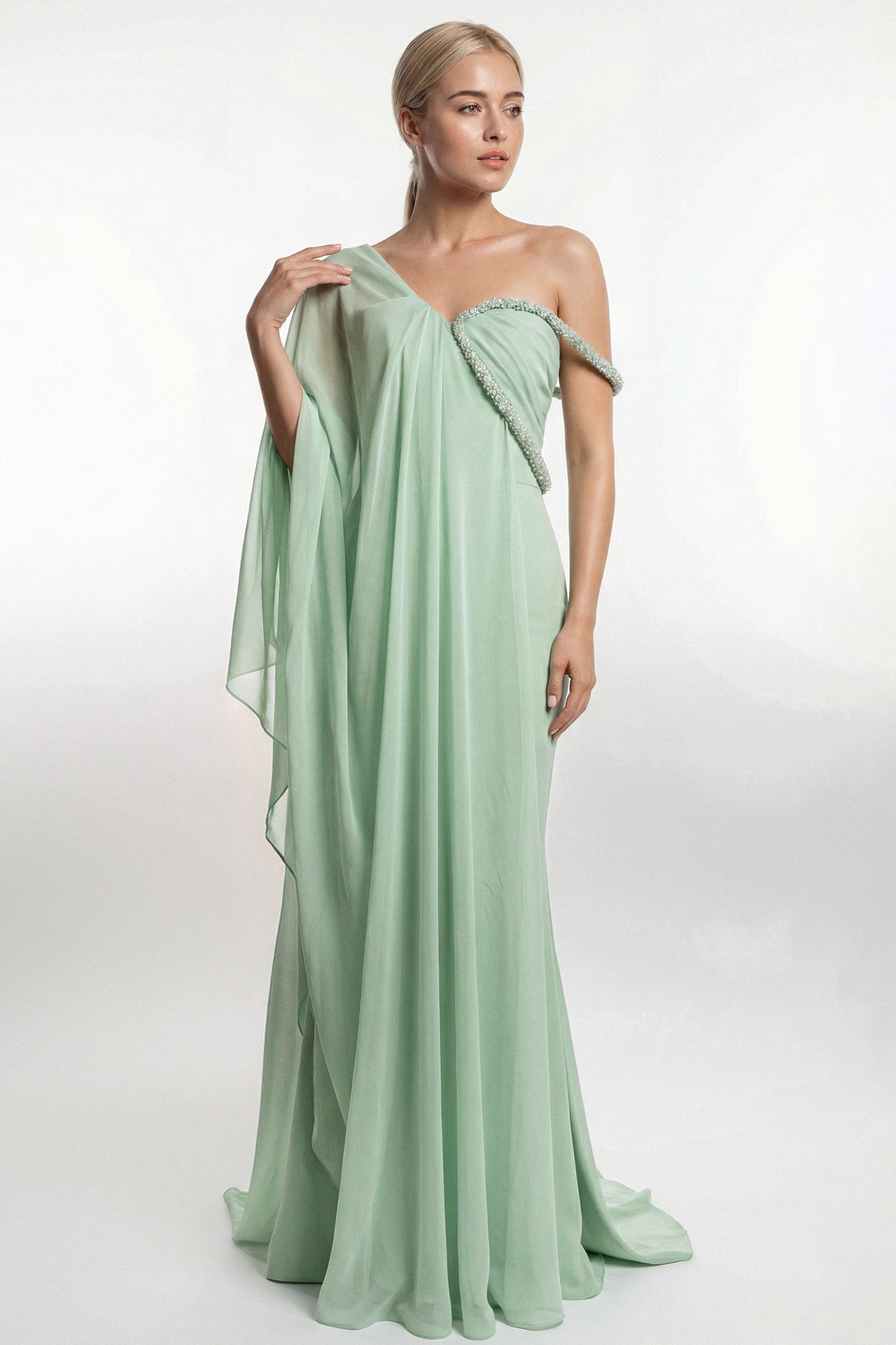 Crepe Gown with Draped Chiffon Overlay