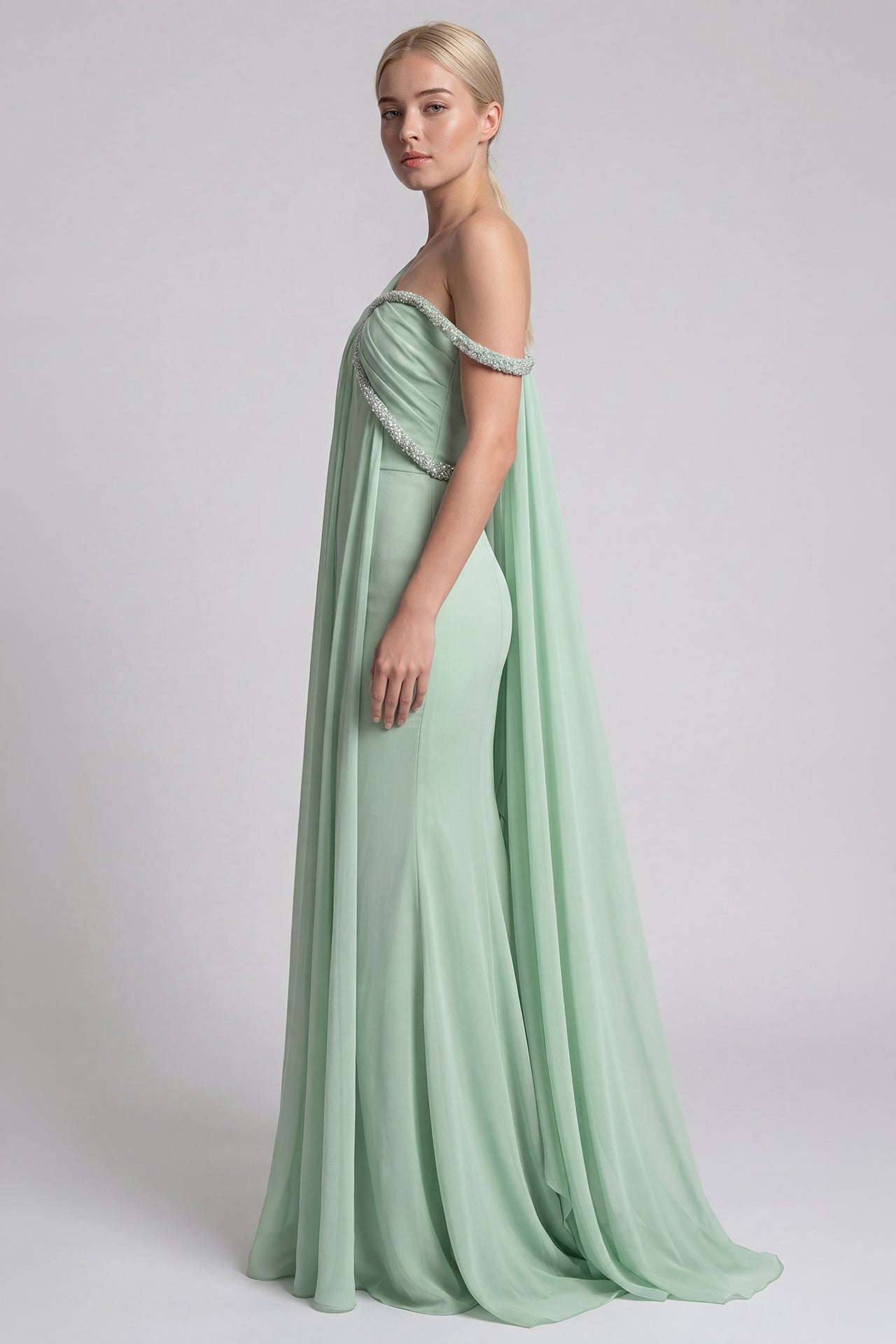 Crepe Gown with Draped Chiffon Overlay