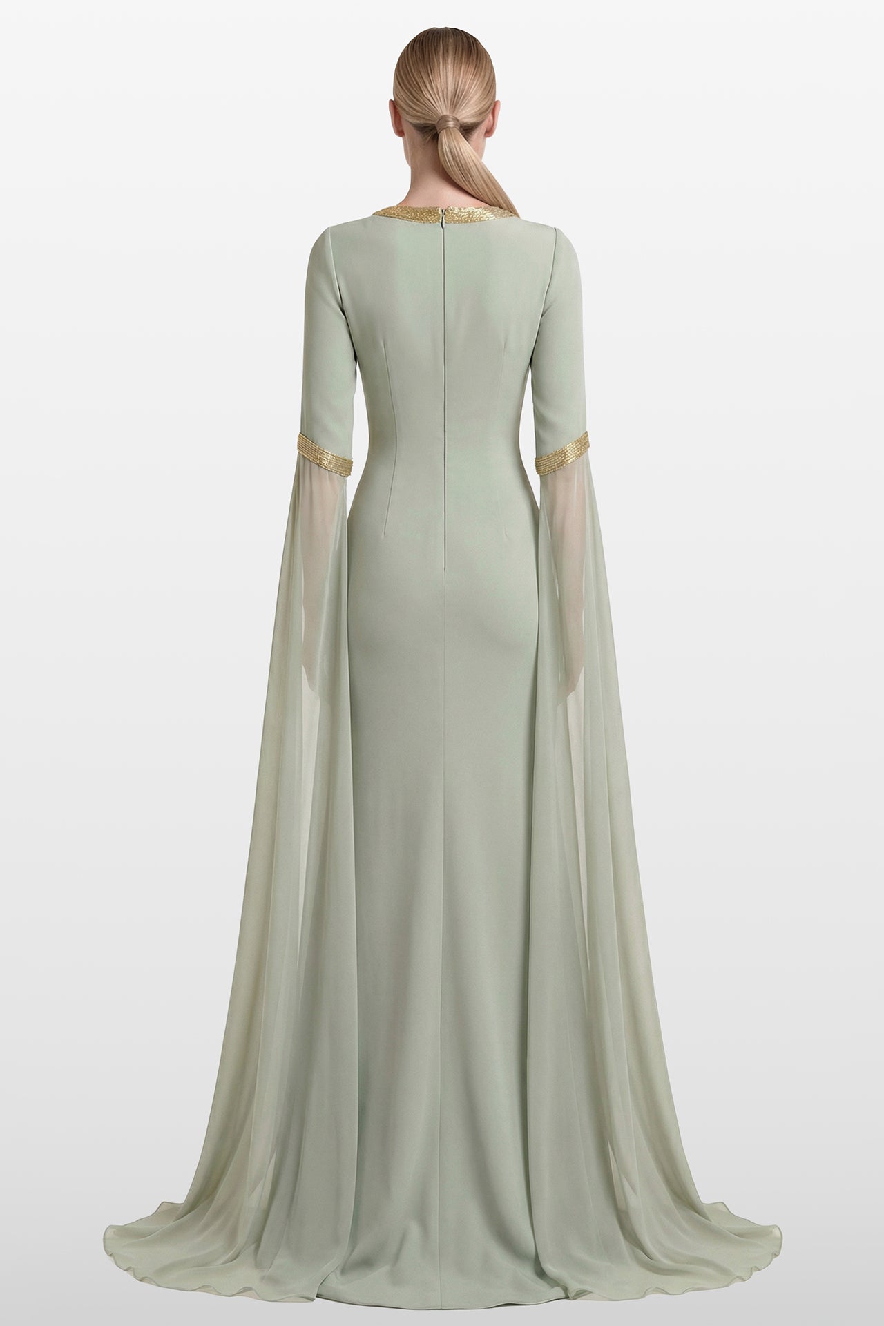 Crepe Gown with Metallic Trim and Chiffon Sleeves