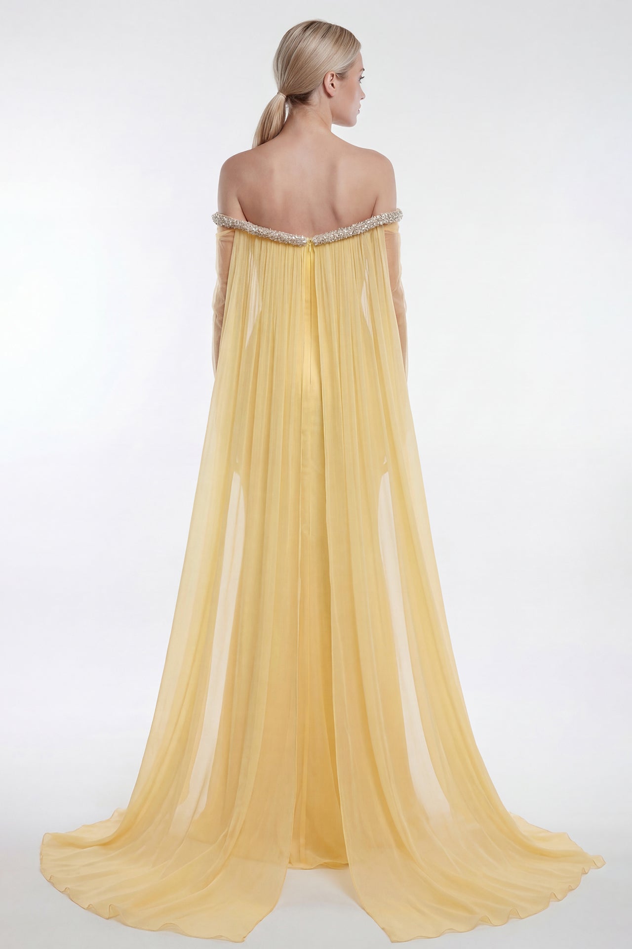 Crepe Gown with Chiffon Cape and Tulle Sleeves