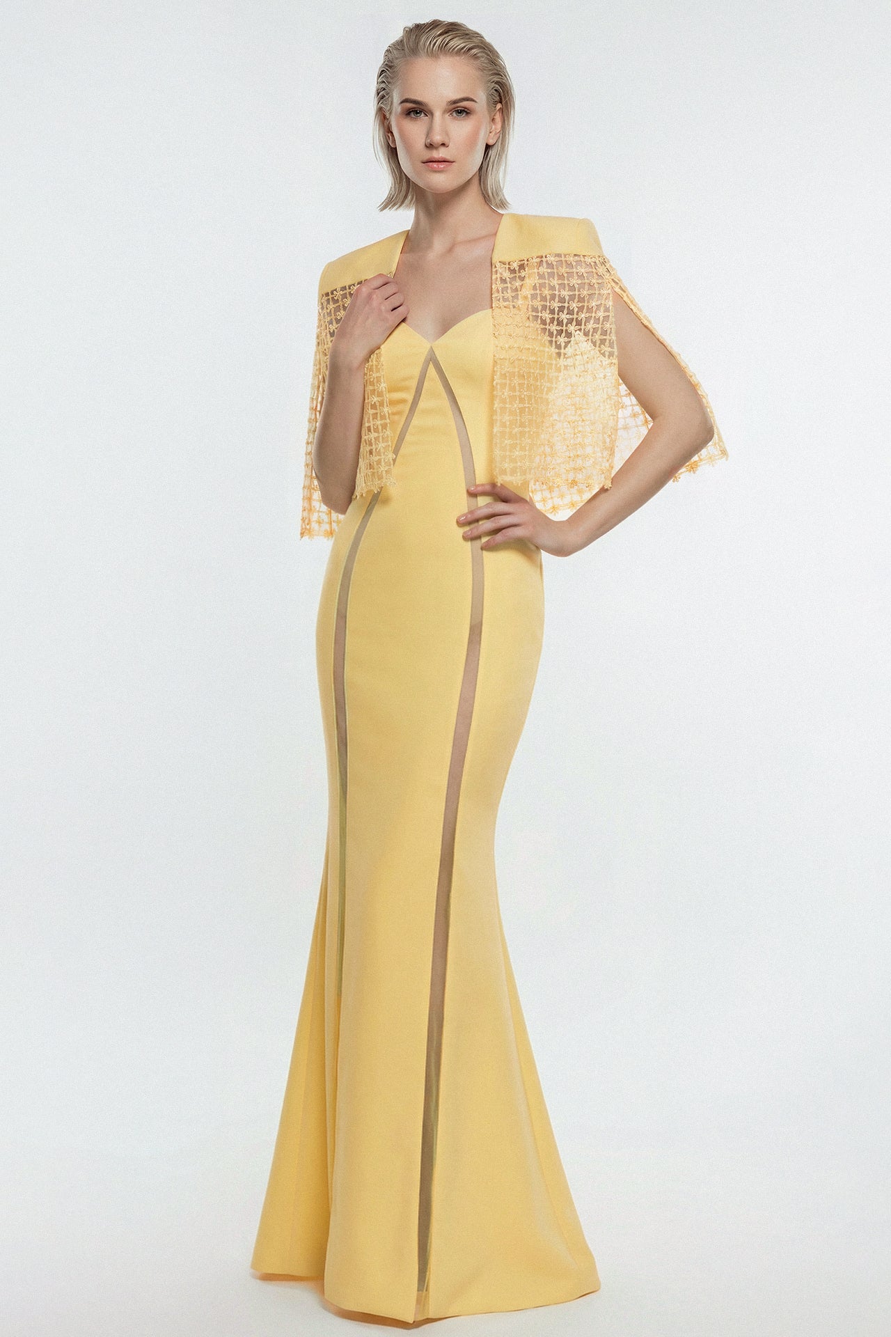 Crepe Gown with Guipure Lace Cape