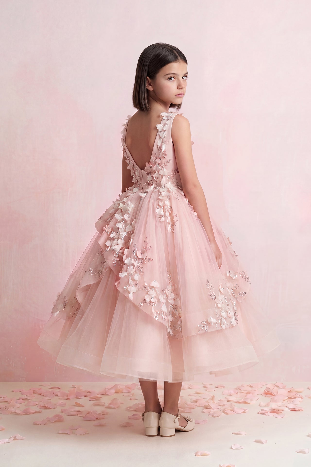 Draped Floral Tulle Gown