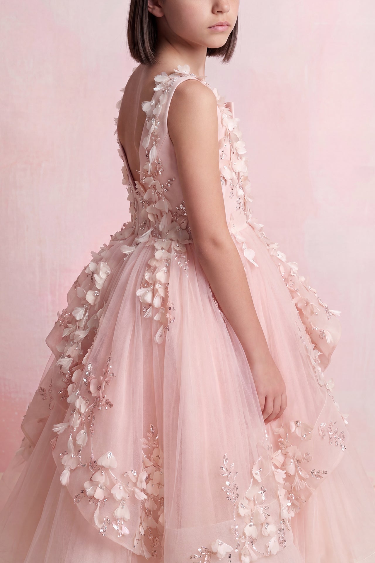 Draped Floral Tulle Gown