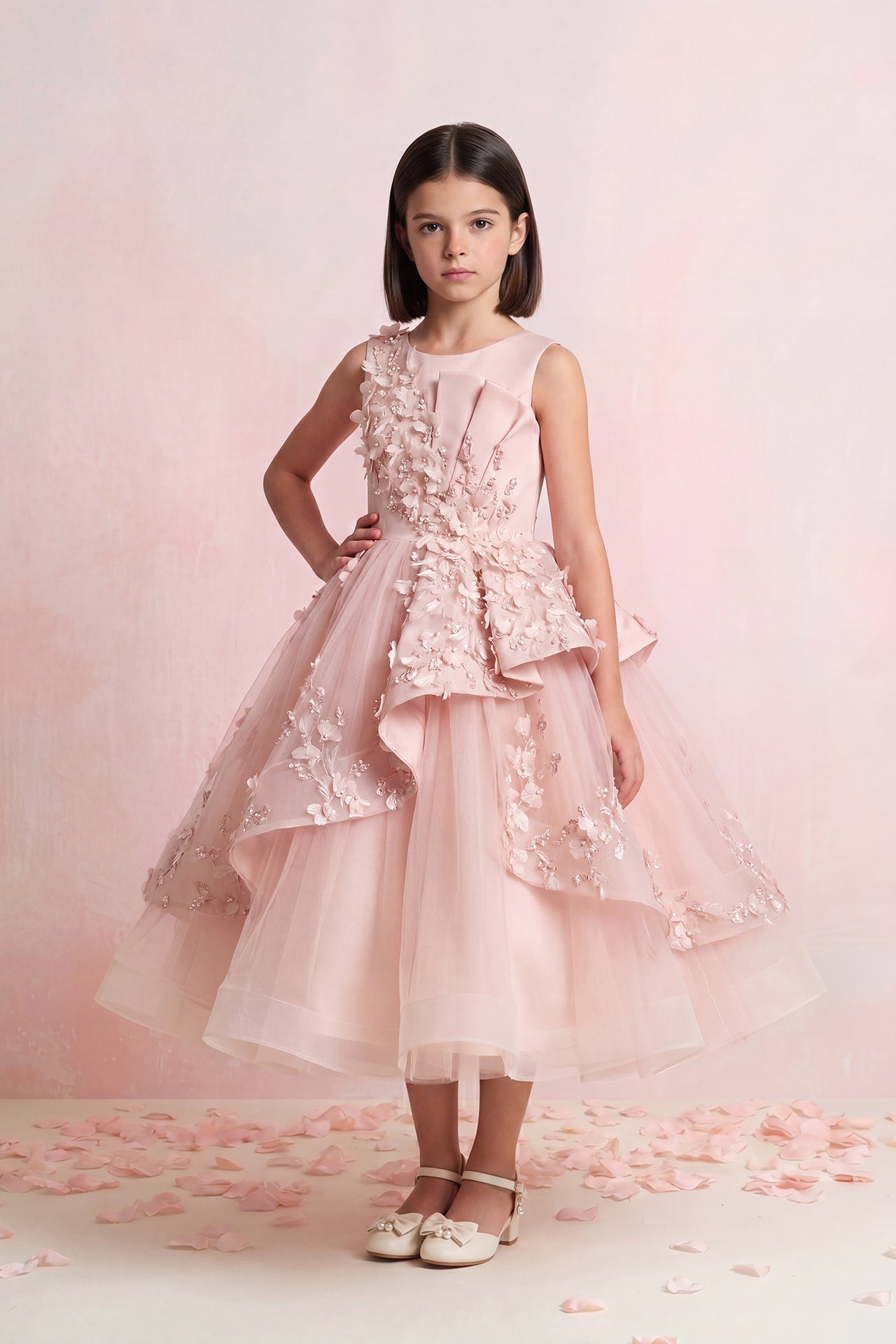 Draped Floral Tulle Gown
