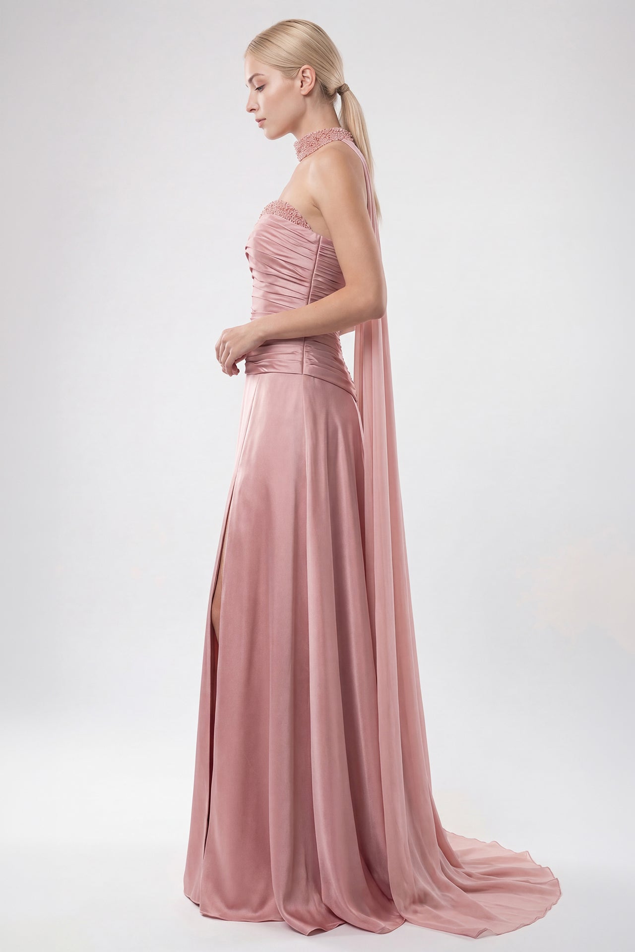Draped Satin Gown with Embellished Choker