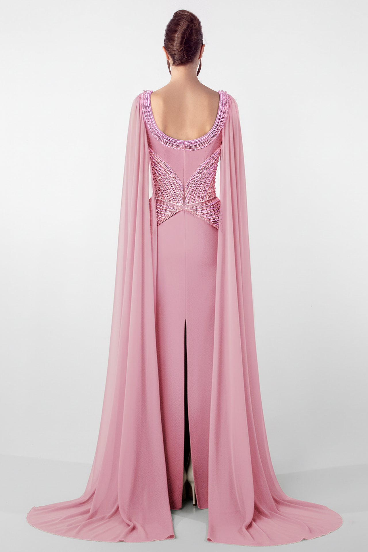 Embroidered Bodice Gown with Flowing Cape