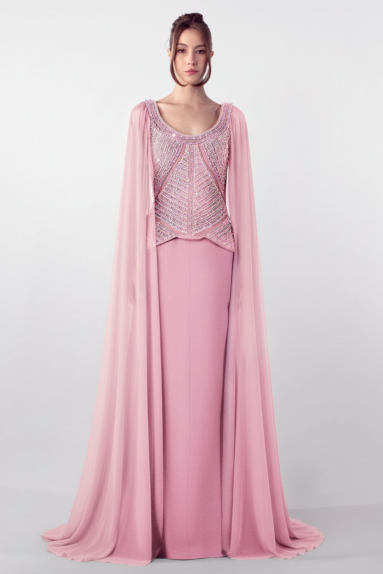 Embroidered Bodice Gown with Flowing Cape
