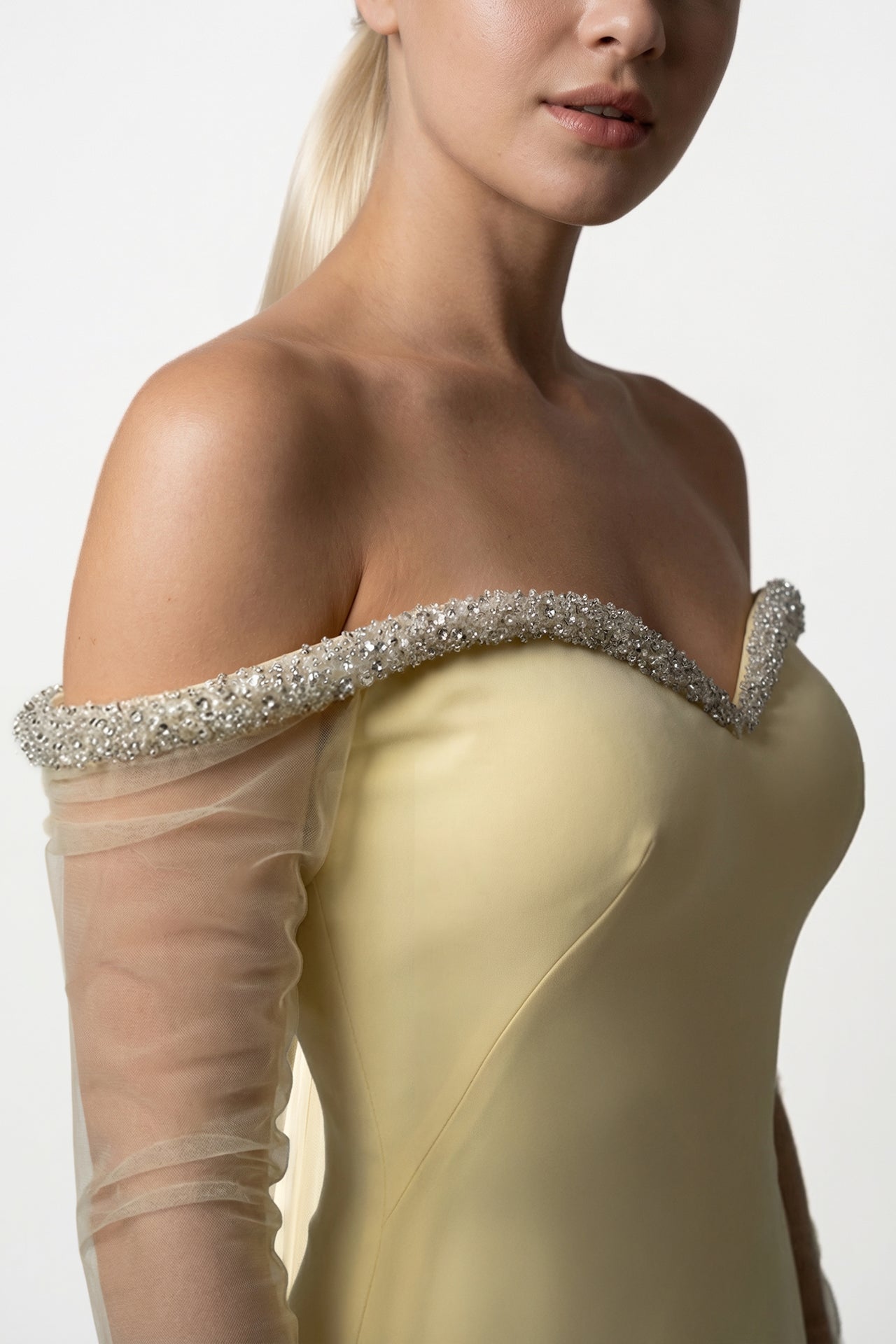 Crepe Gown with Chiffon Cape and Tulle Sleeves