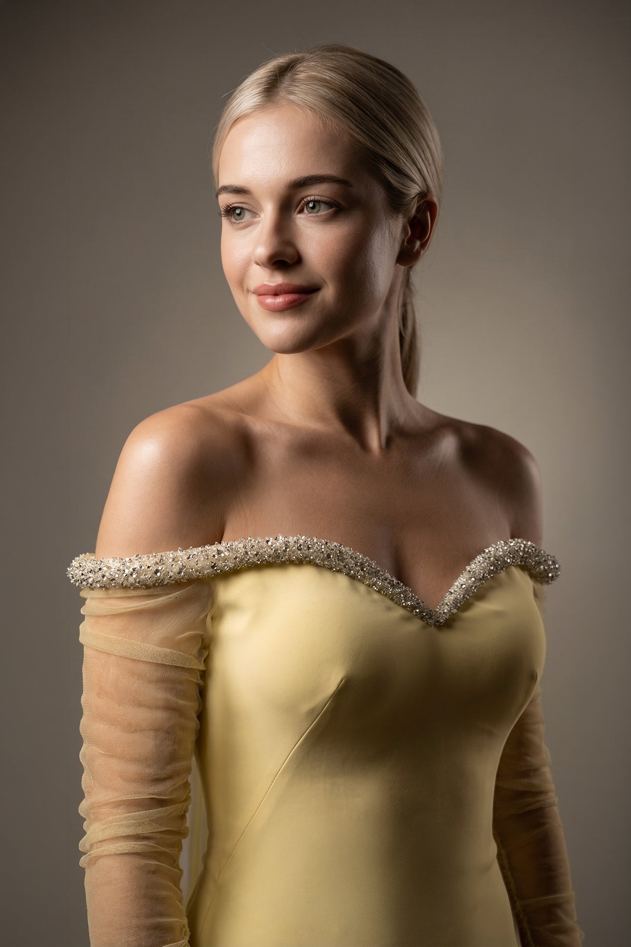 Crepe Gown with Chiffon Cape and Tulle Sleeves
