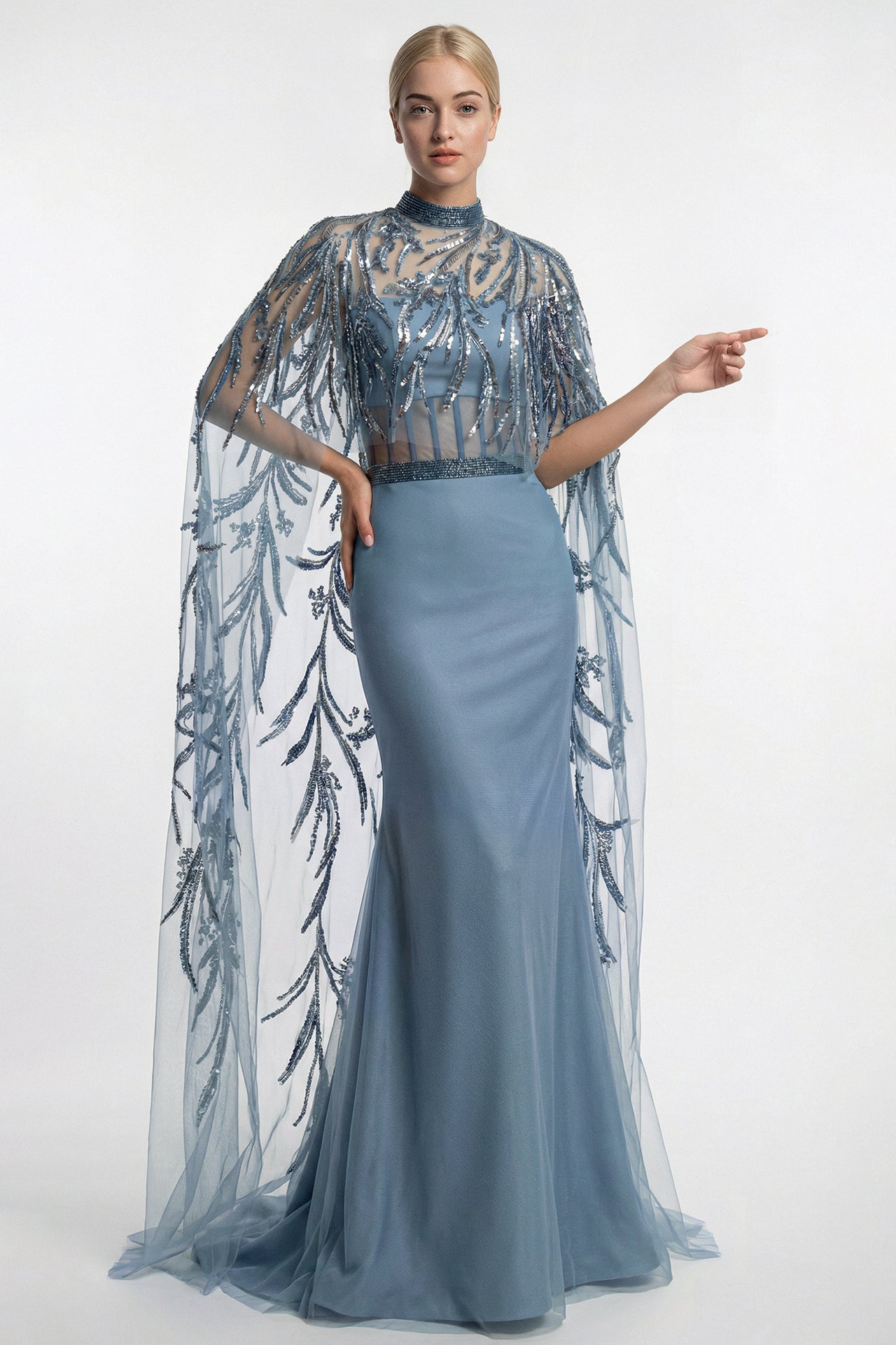 Embroidered Cape Gown with Illusion Corset