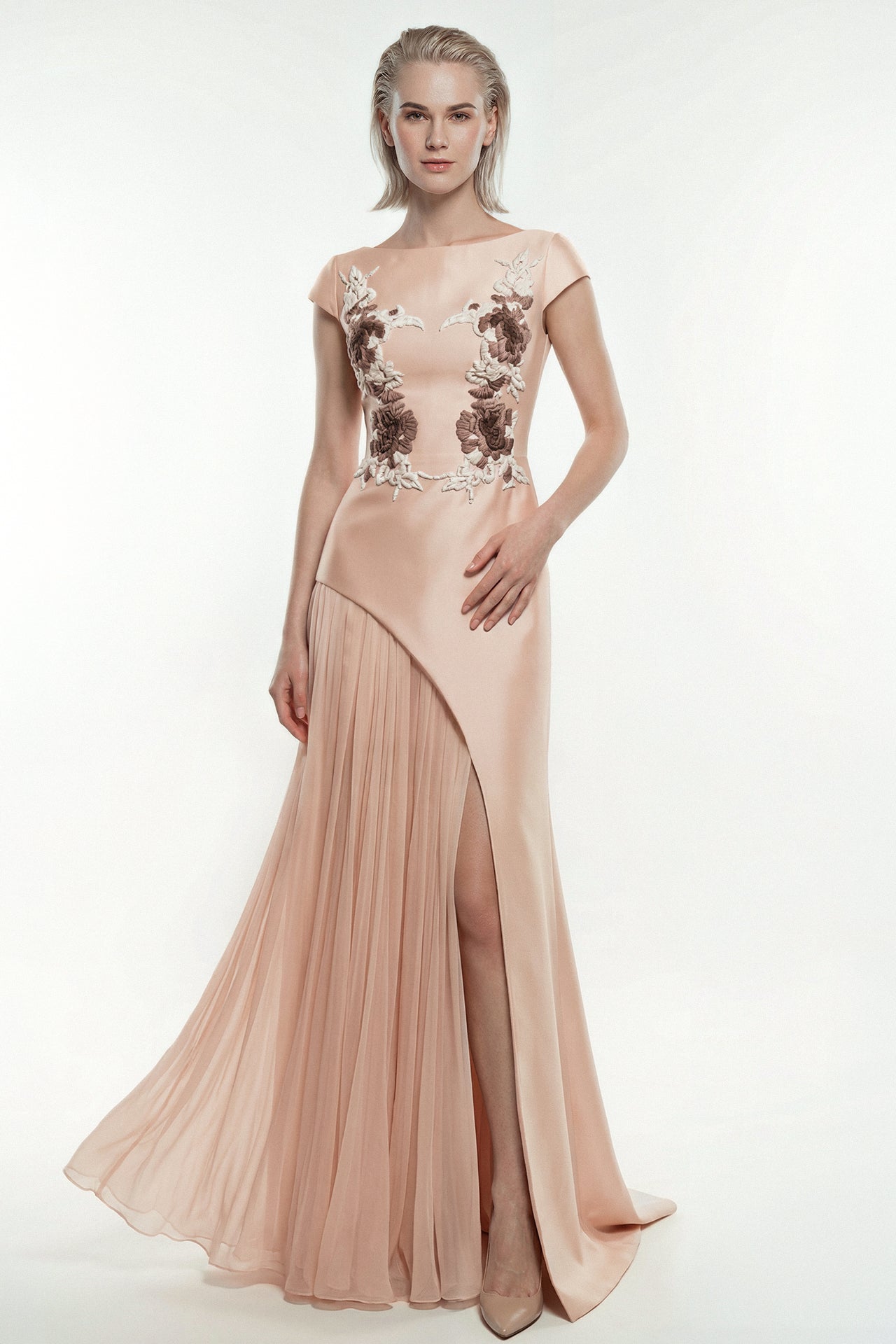 Embroidered Mikado Gown with Pleated Chiffon Skirt