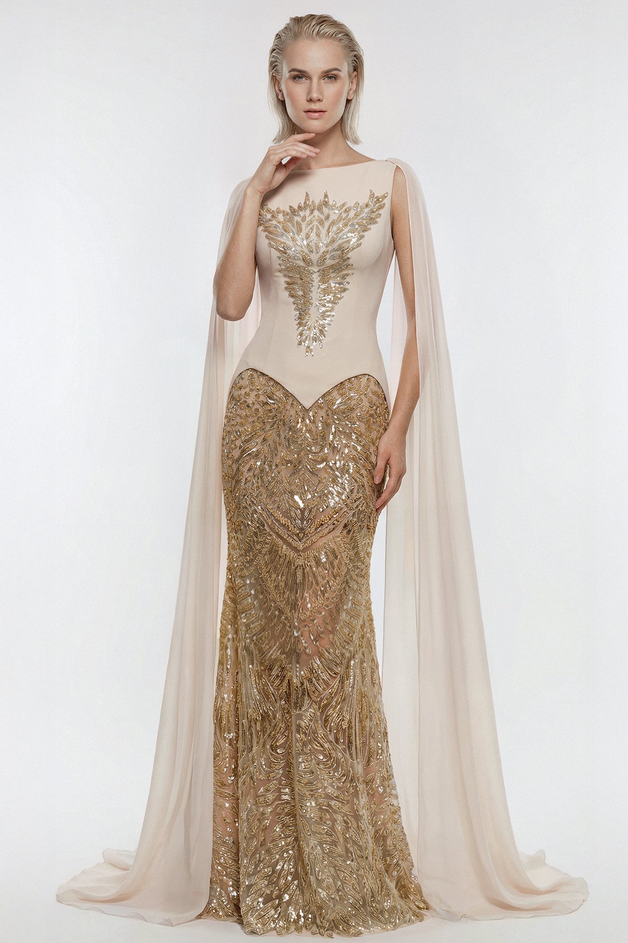 Embroidered Sequin Cape Gown Gattinolli by Marwan Embroidered Sequin Cape Gown Gattinolli by Marwan