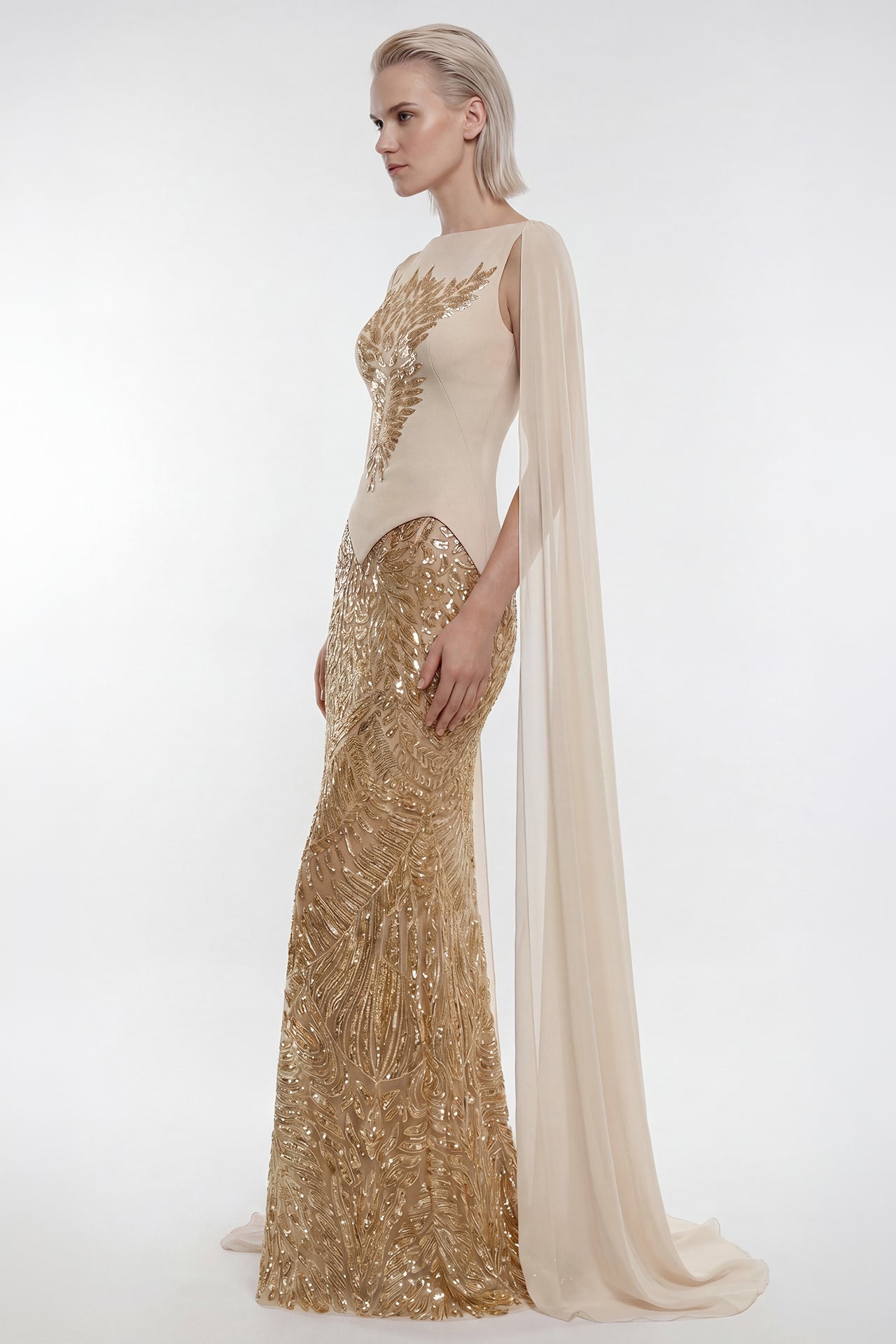 Embroidered Sequin Cape Gown