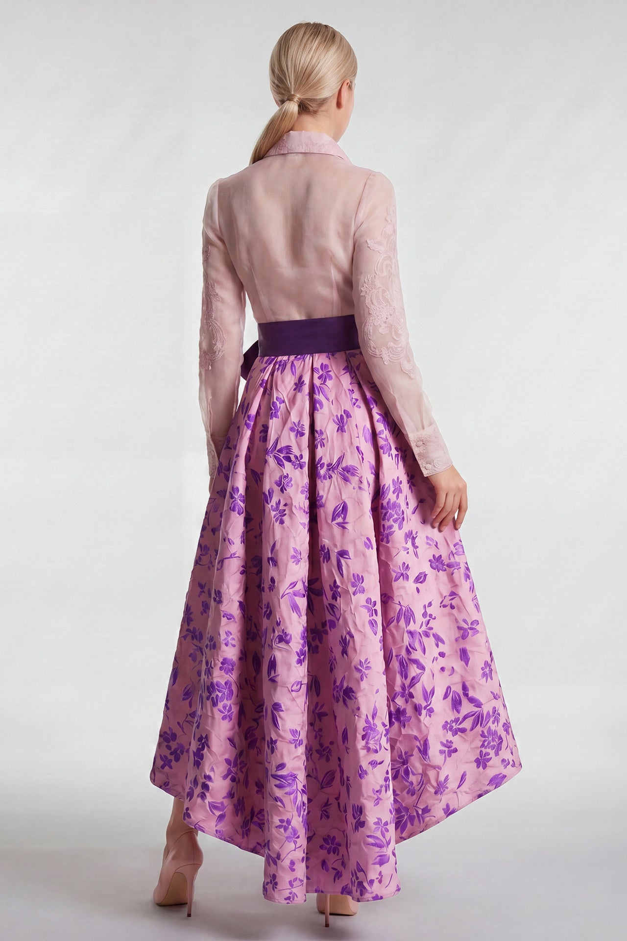 Embroidered Sheer Shirt Bodice with Floral Jacquard High-Low Skirt