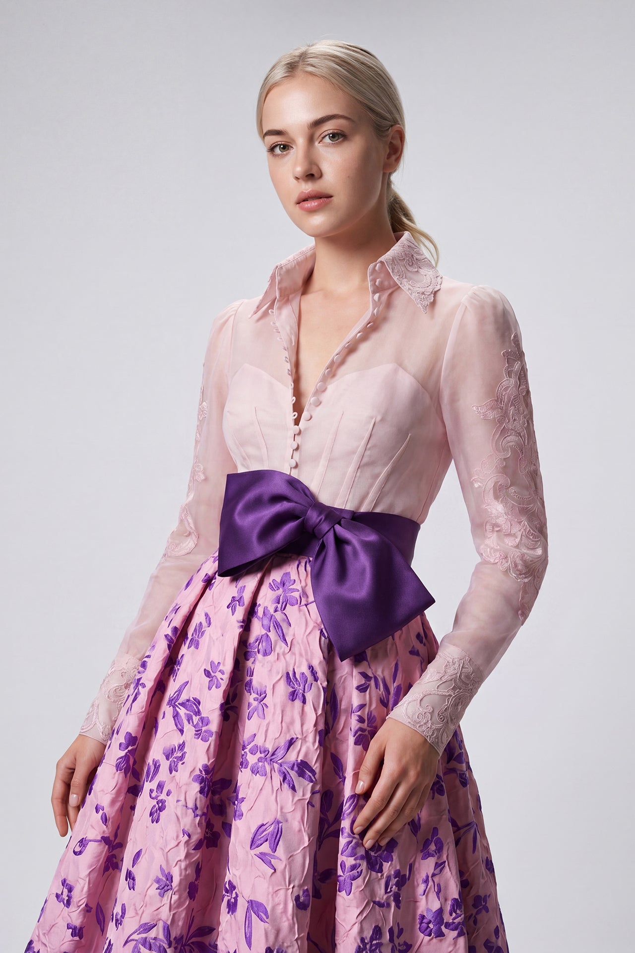 Embroidered Sheer Shirt Bodice with Floral Jacquard High-Low Skirt