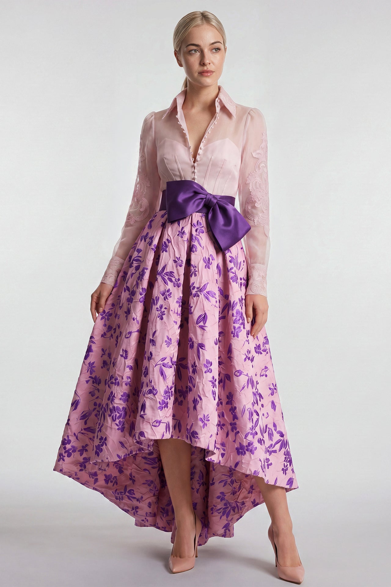 Embroidered Sheer Shirt Bodice with Floral Jacquard High-Low Skirt
