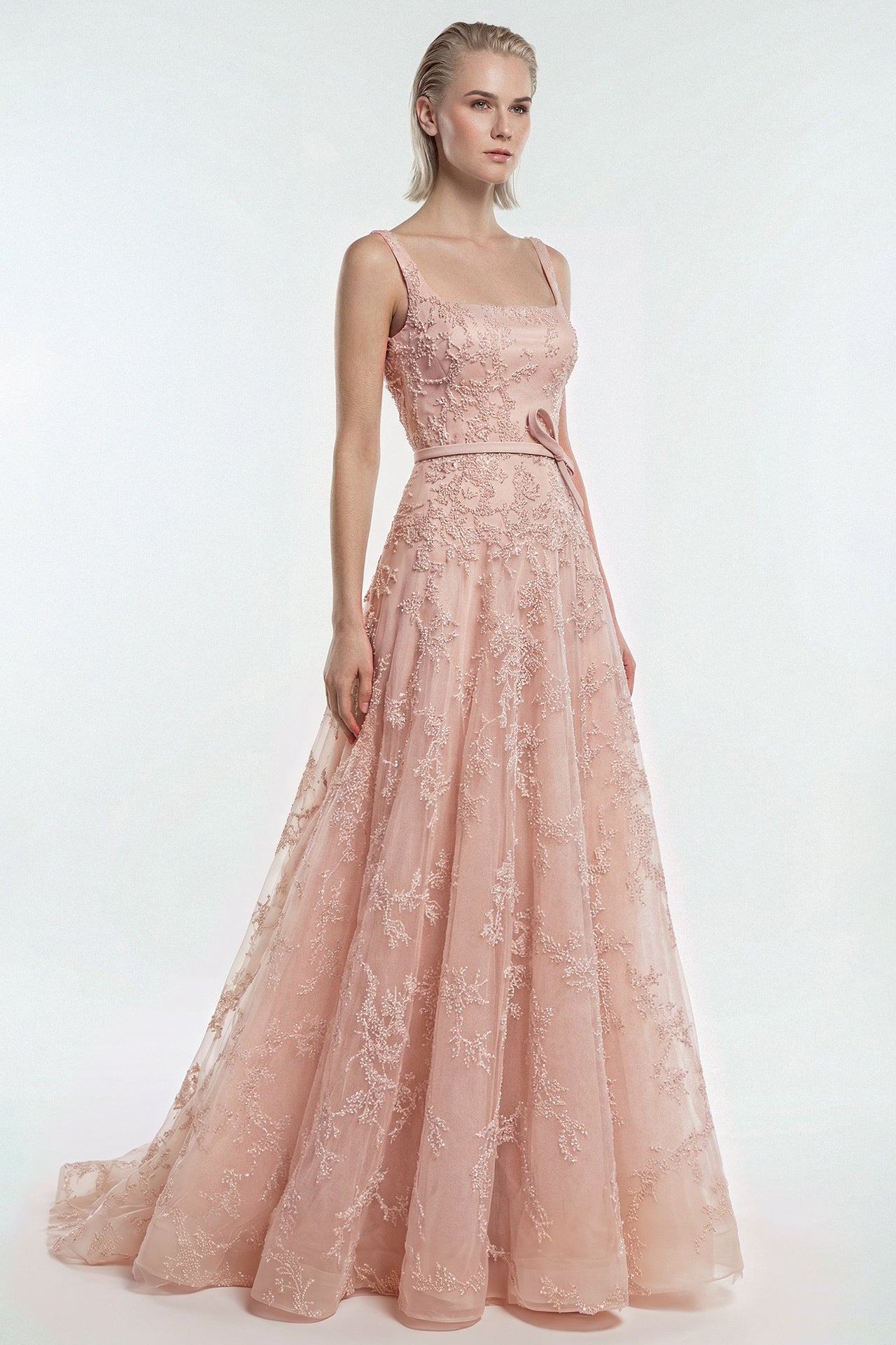 Embroidered Tulle A-Line Gown with Belt Detail