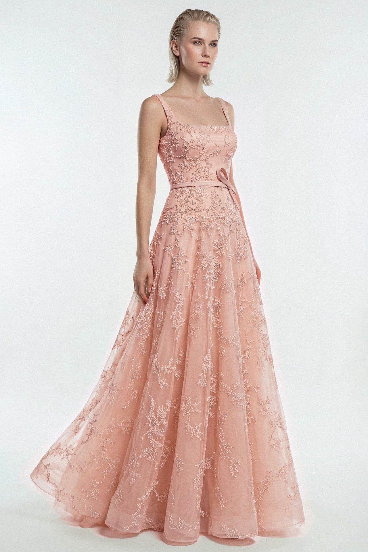 Embroidered Tulle A-Line Gown with Belt Detail