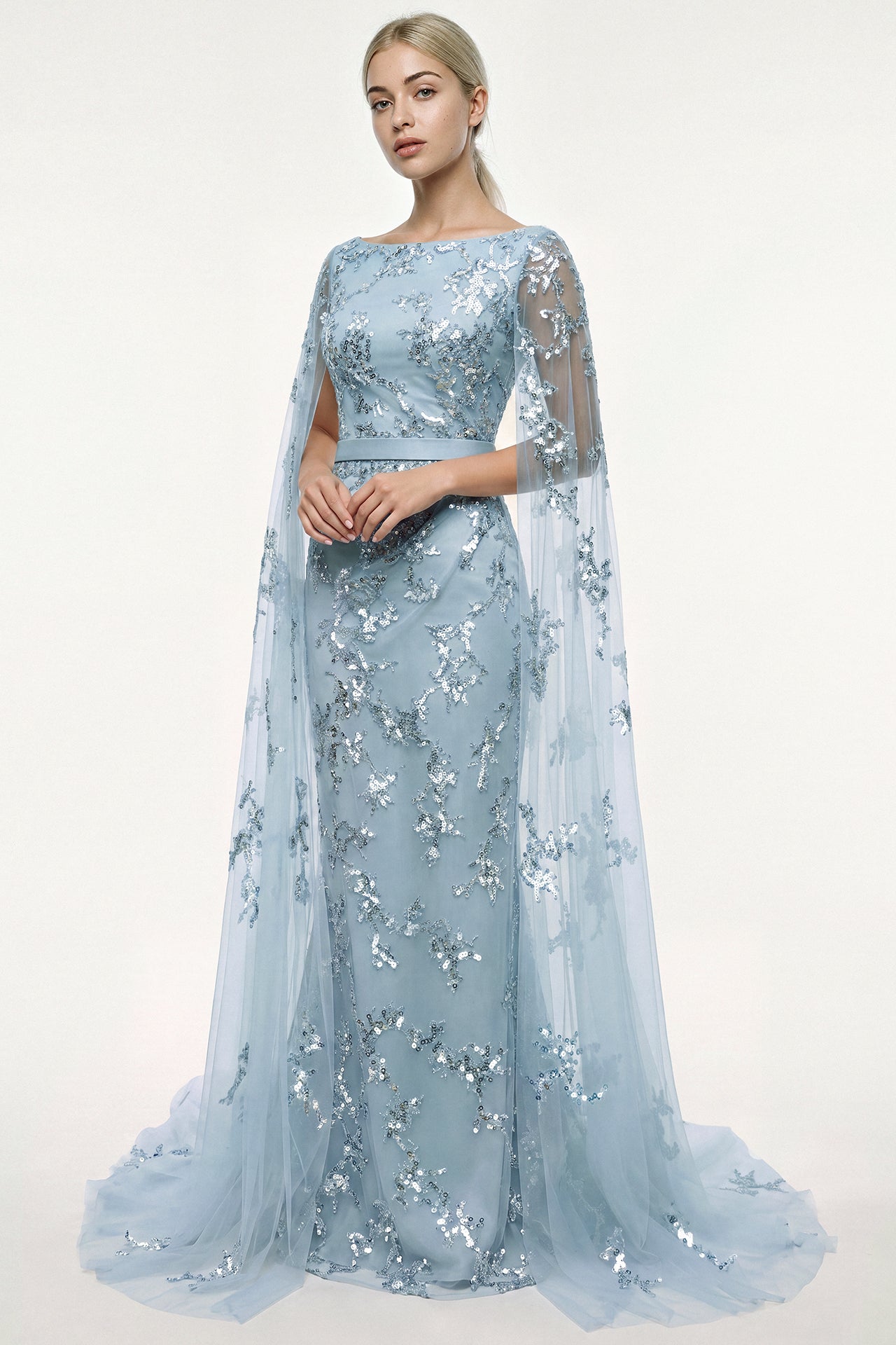 Embroidered Tulle Gown with Cape Sleeves
