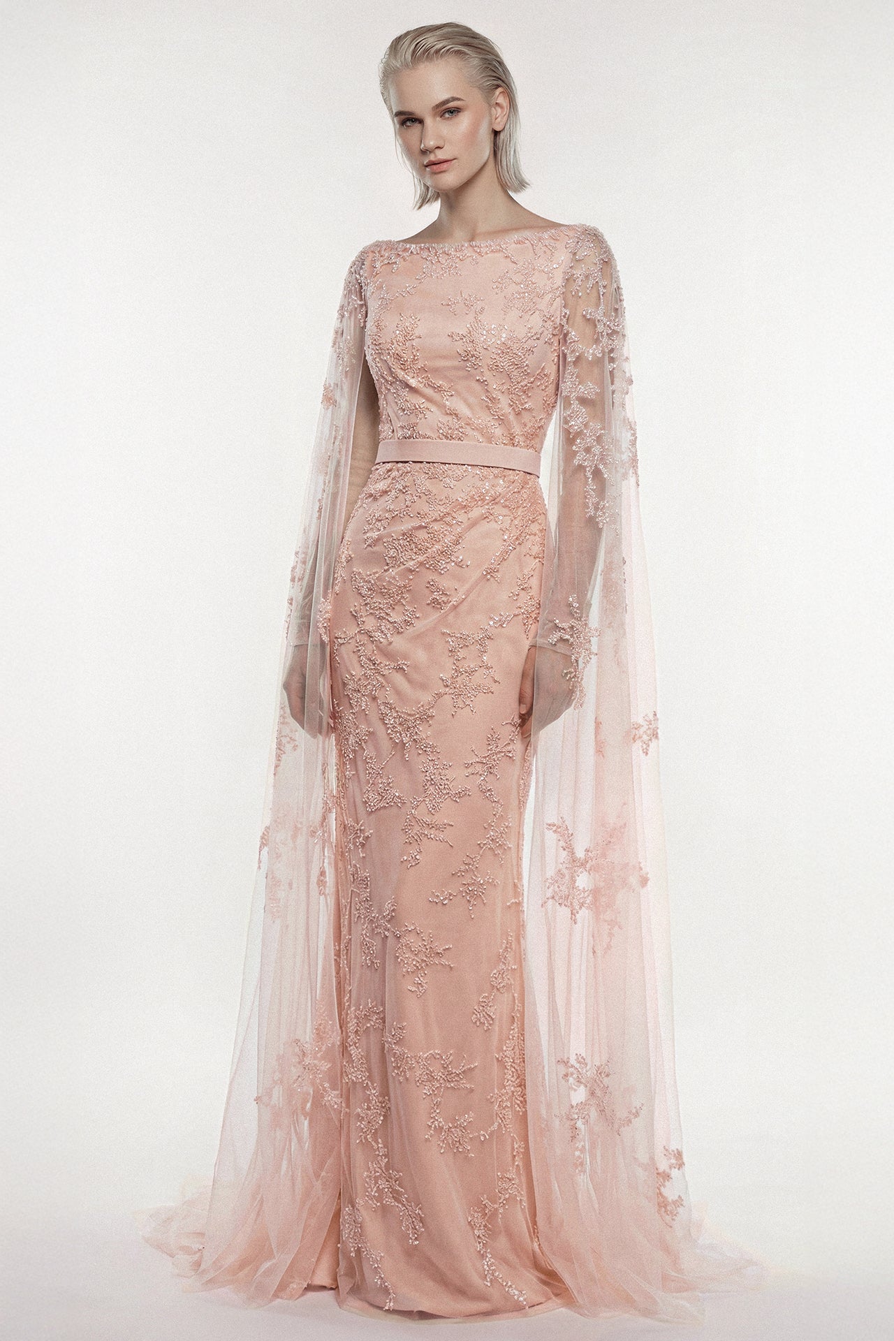 Embroidered Tulle Gown with Cape Sleeves