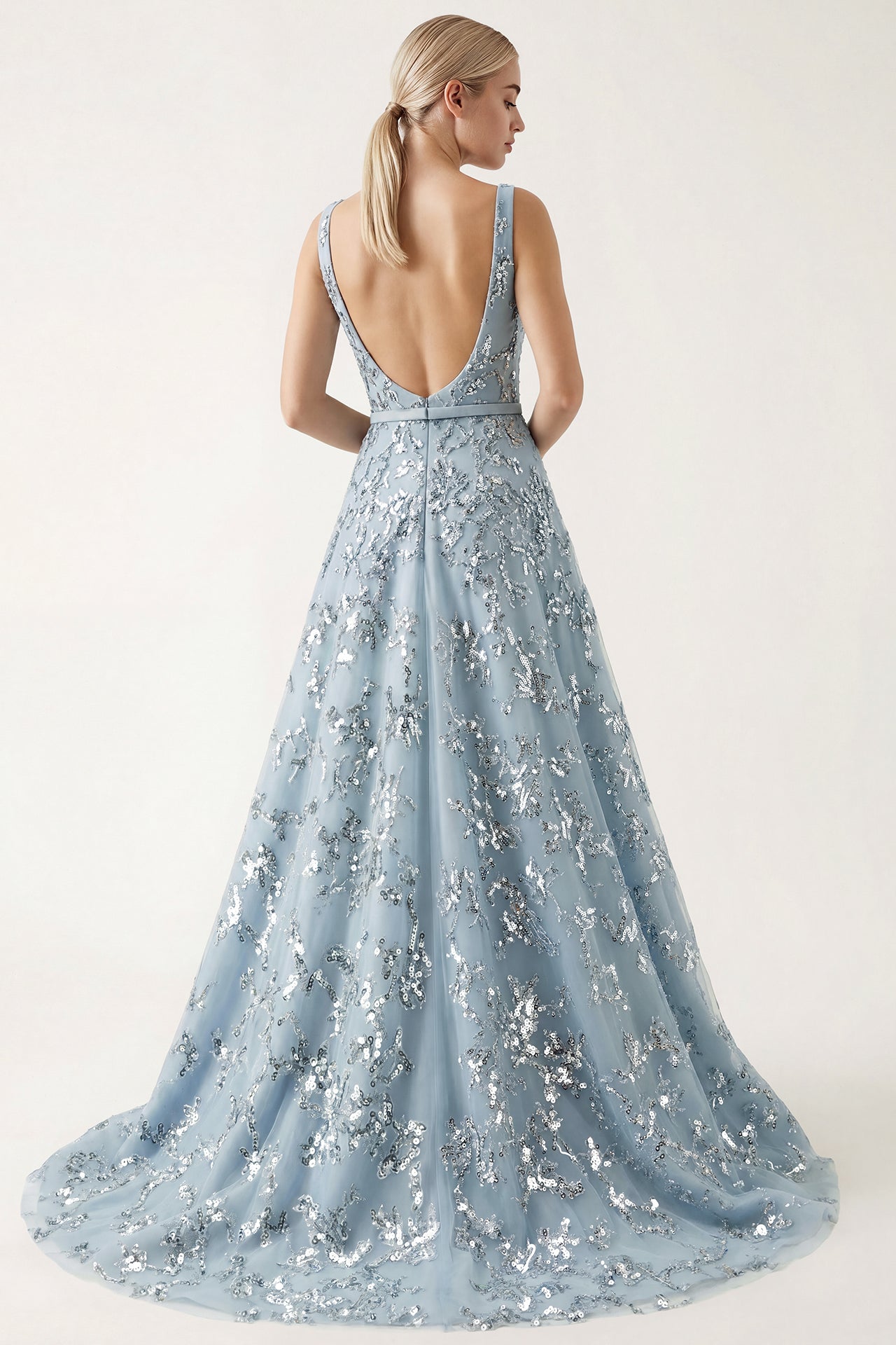 Embroidered Tulle A-Line Gown with Belt