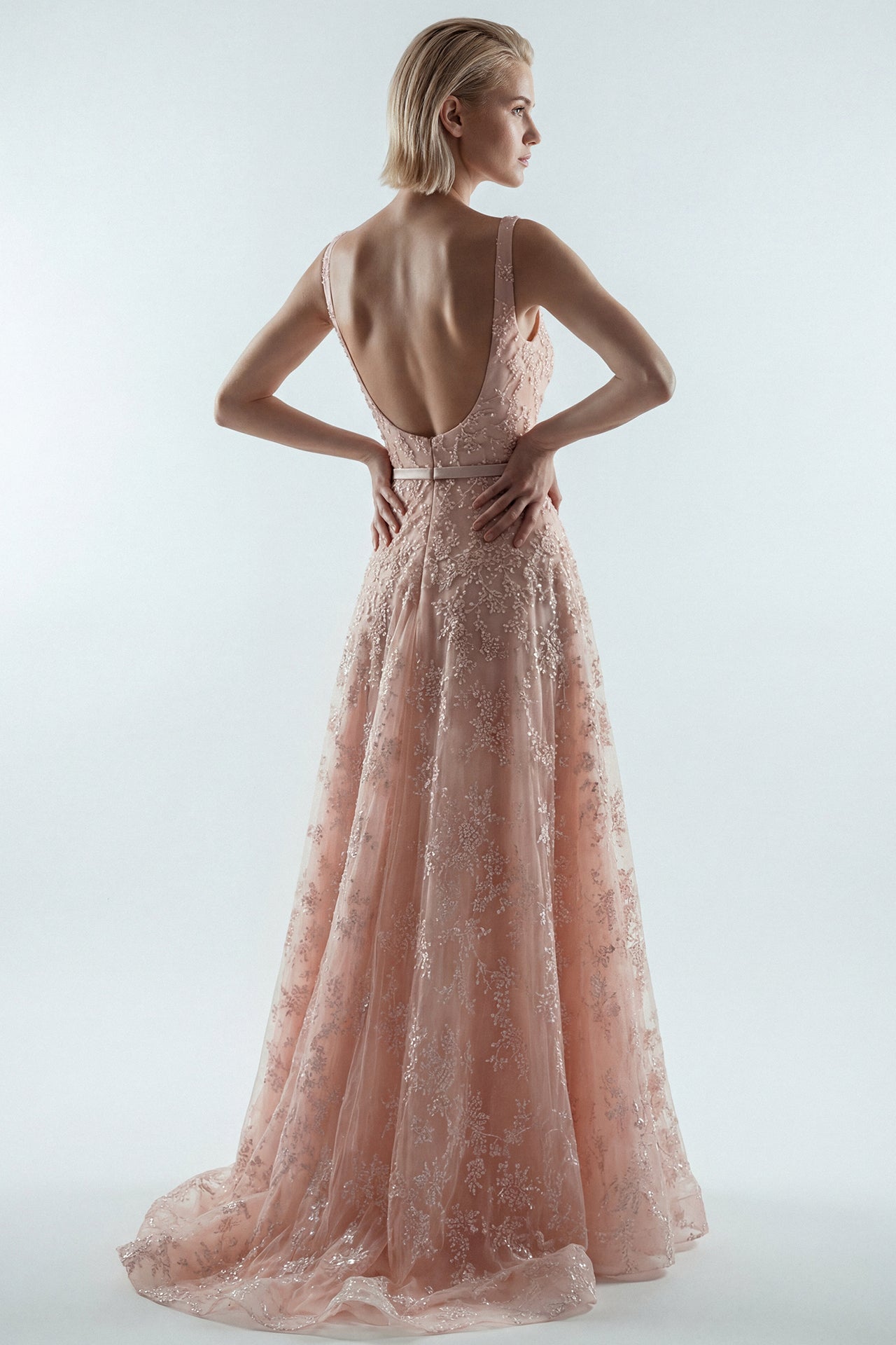 Embroidered Tulle A-Line Gown with Belt Detail