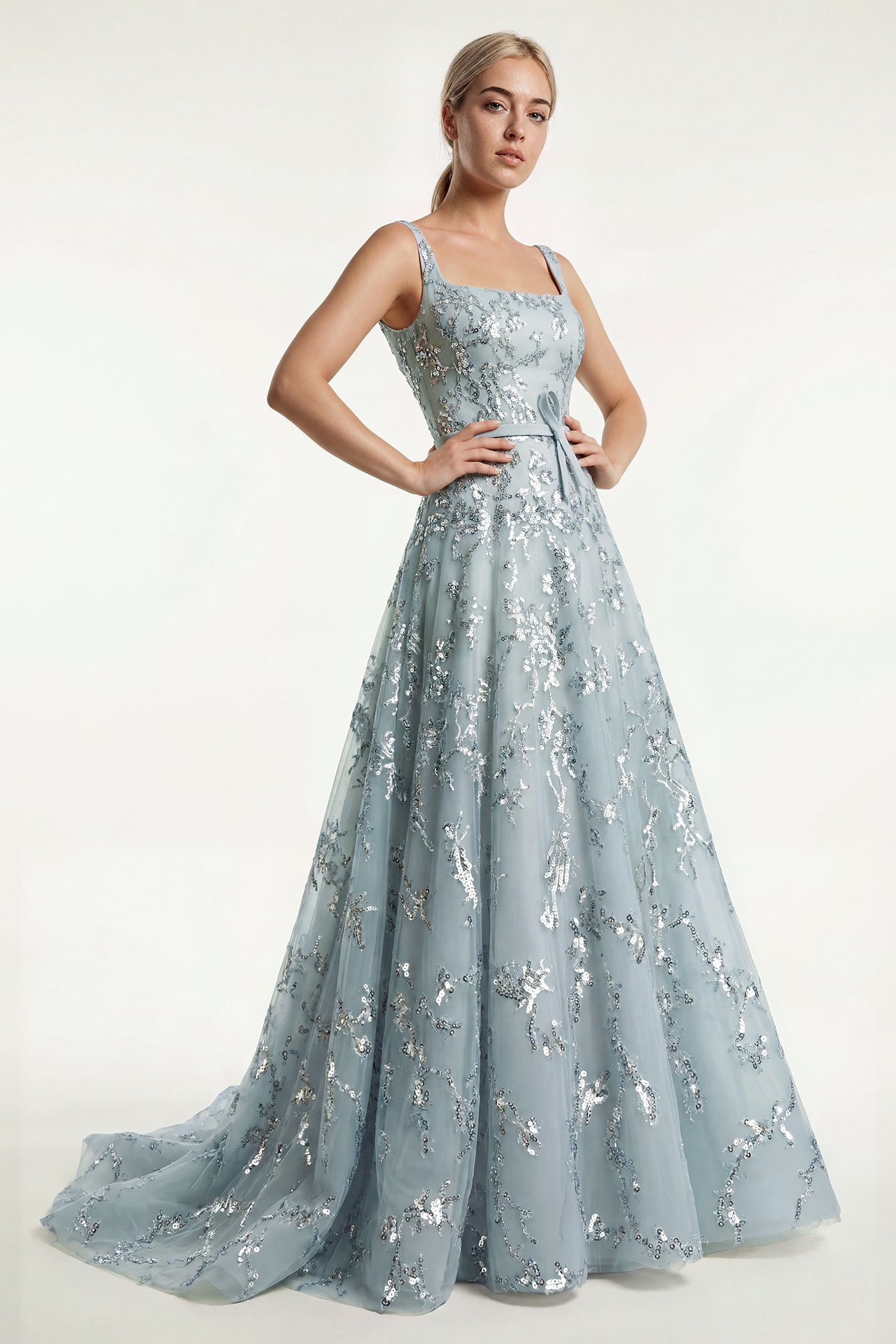 Embroidered Tulle A-Line Gown with Belt