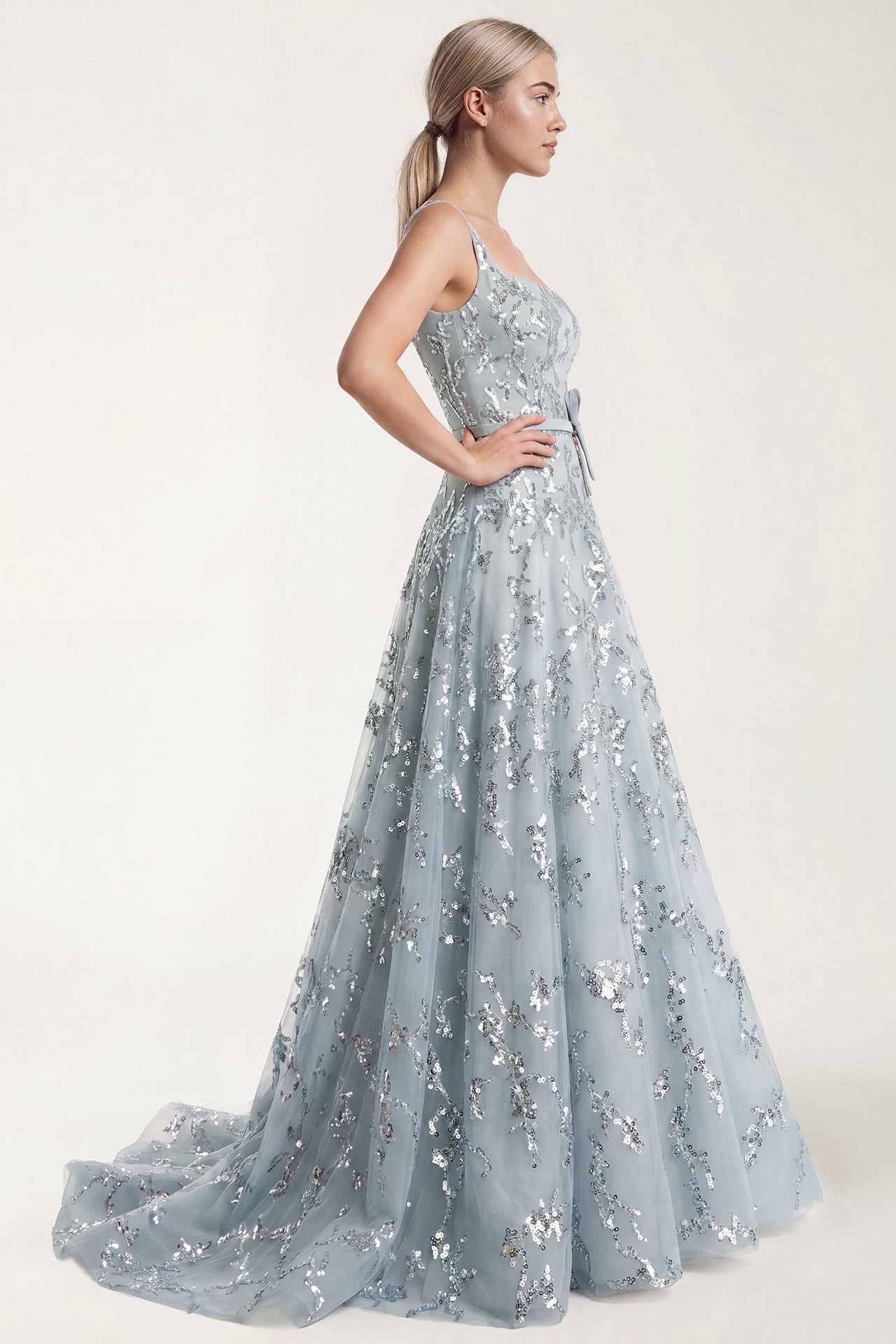 Embroidered Tulle A-Line Gown with Belt
