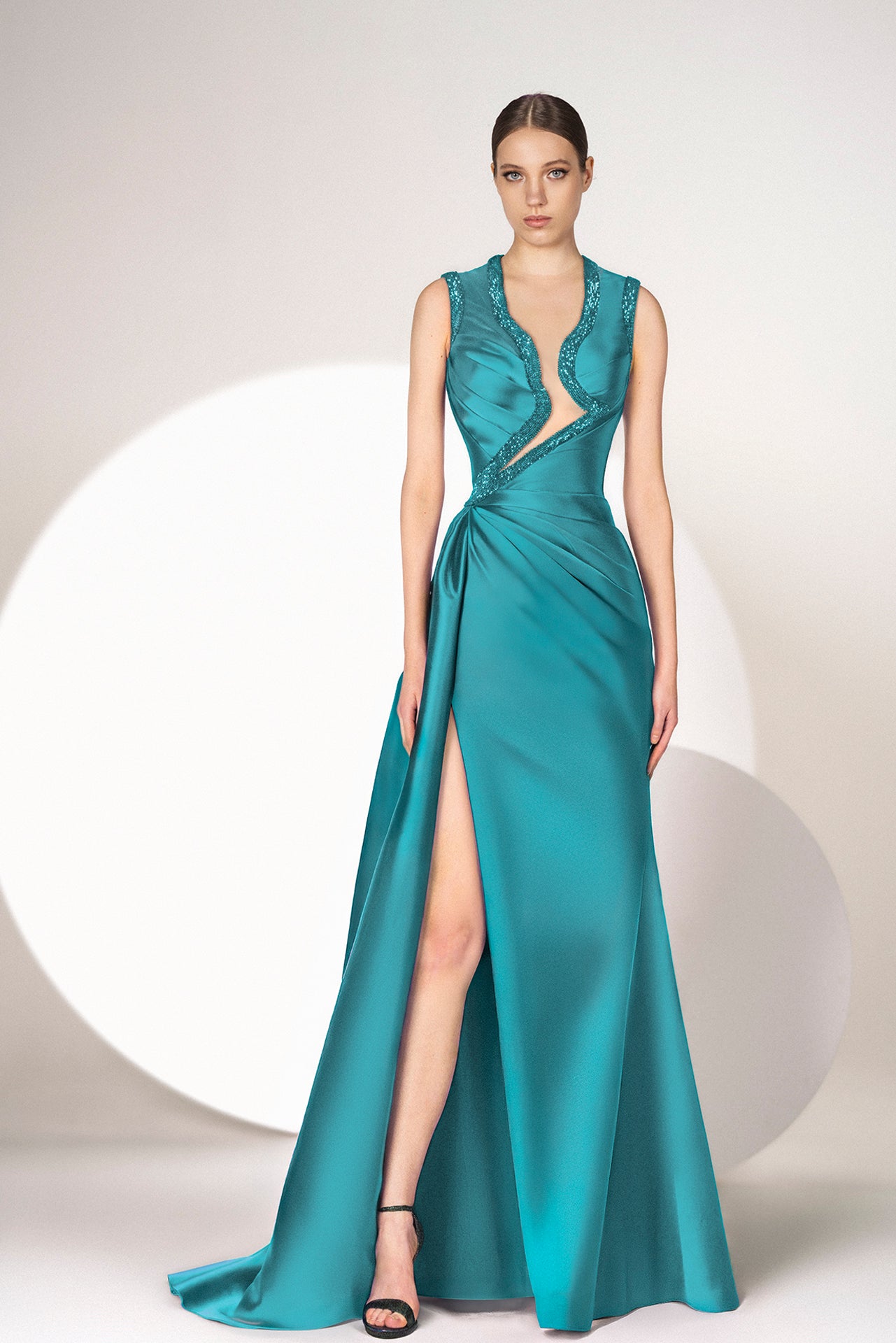 Teal Chic Mikado Dress with Crystallized Neckline Gattinolli by Marwan Teal Chic Mikado Dress with Crystallized Neckline Gattinolli by Marwan