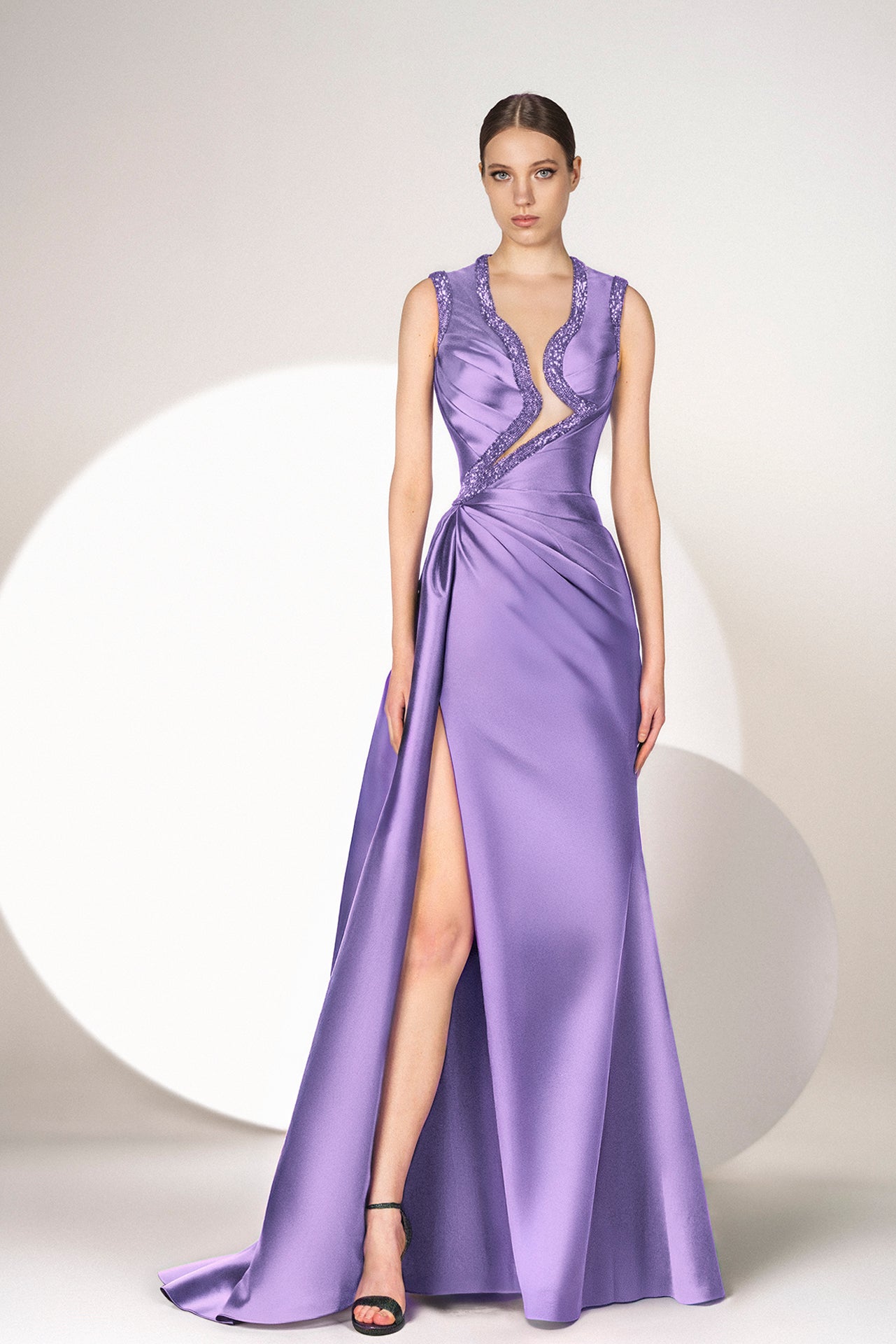 Lilac Chic Mikado Dress with Crystallized Neckline Gattinolli by Marwan Lilac Chic Mikado Dress with Crystallized Neckline Gattinolli by Marwan