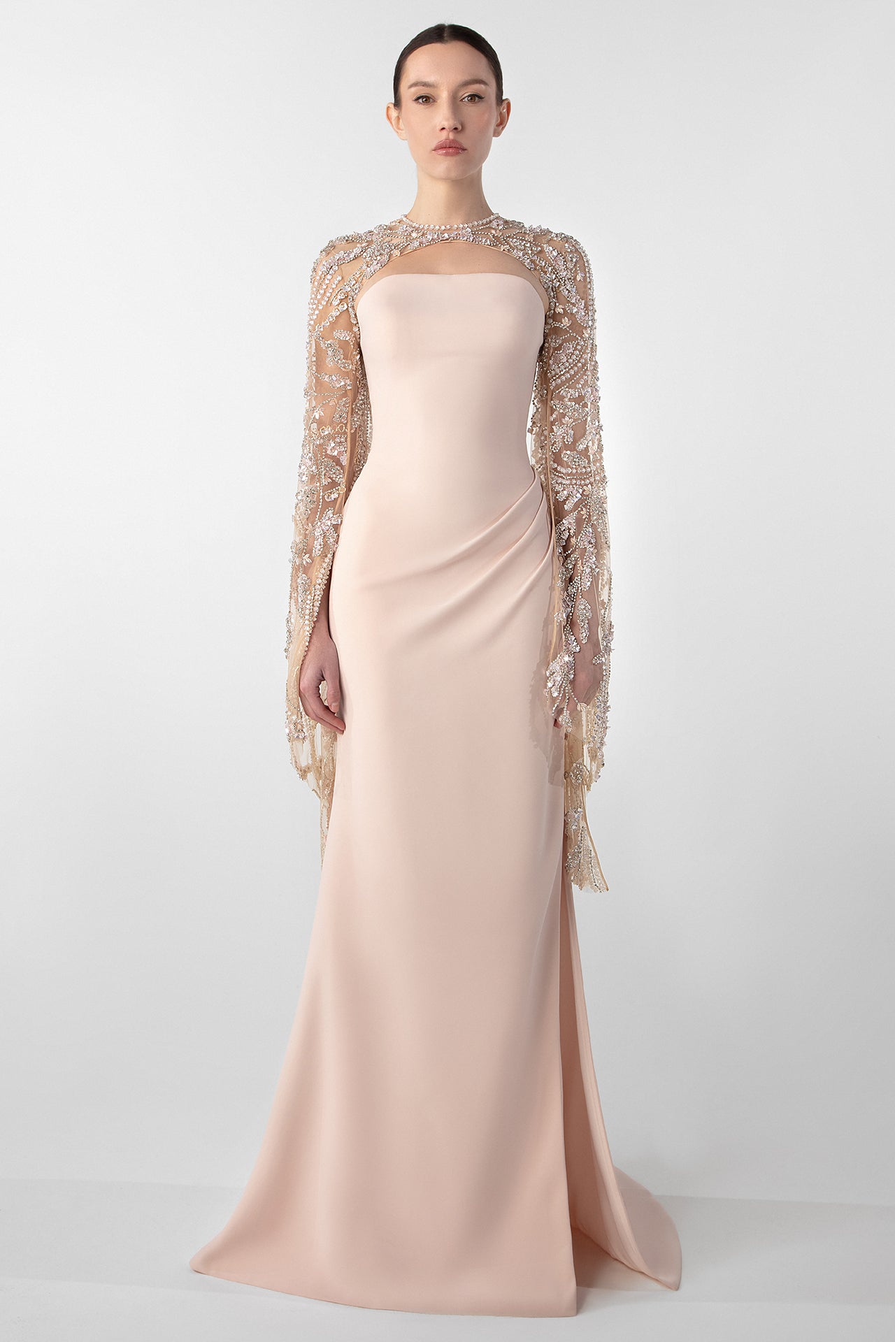 Embroidered Sheer Sleeve Column Gown